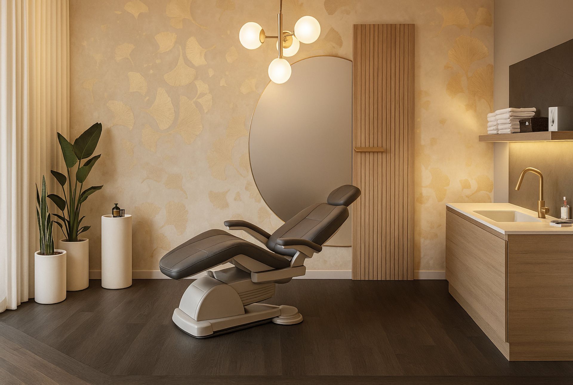 Behandlungsraum mit Liegestuhl, Spiegel, Waschbecken und dekorativer Beleuchtung.
