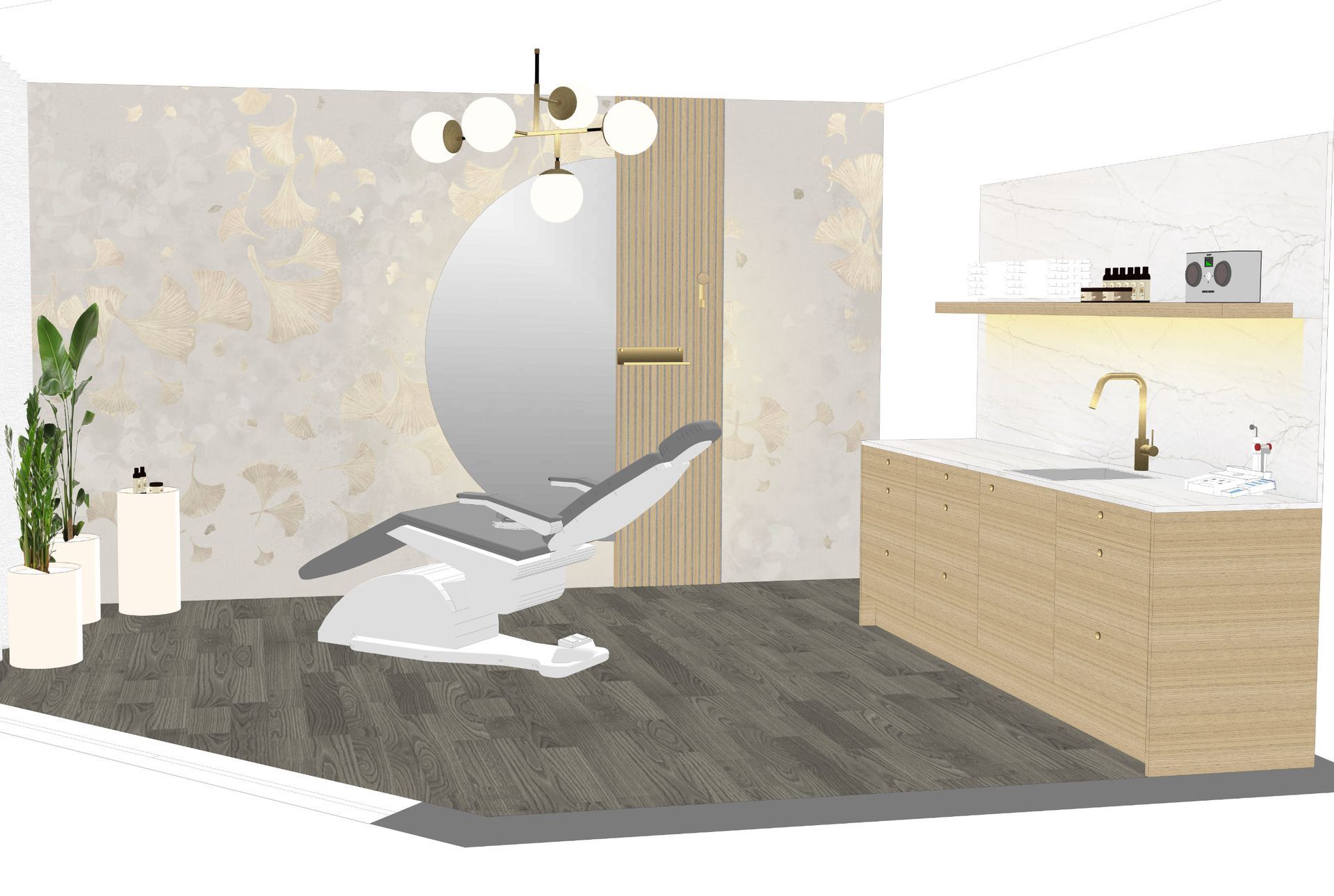 Ein modernes Zahnarztpraxis-Interieur mit Zahnarztstuhl, Waschbecken und dekorativer Beleuchtung.