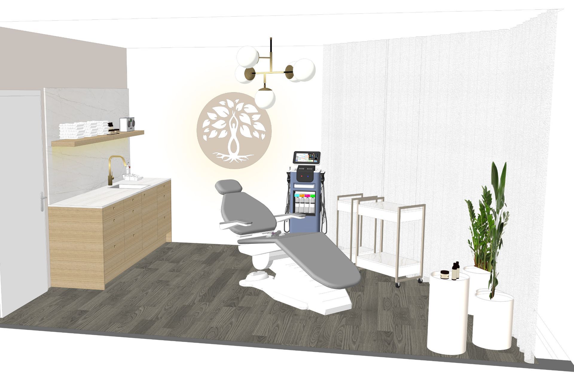 Visualisierung einer hellen, modernen Zahnarztpraxis. Ausgestattet mit Zahnarztstuhl, Waschbecken, Schränken, medizinischen Geräten und Zierpflanzen.