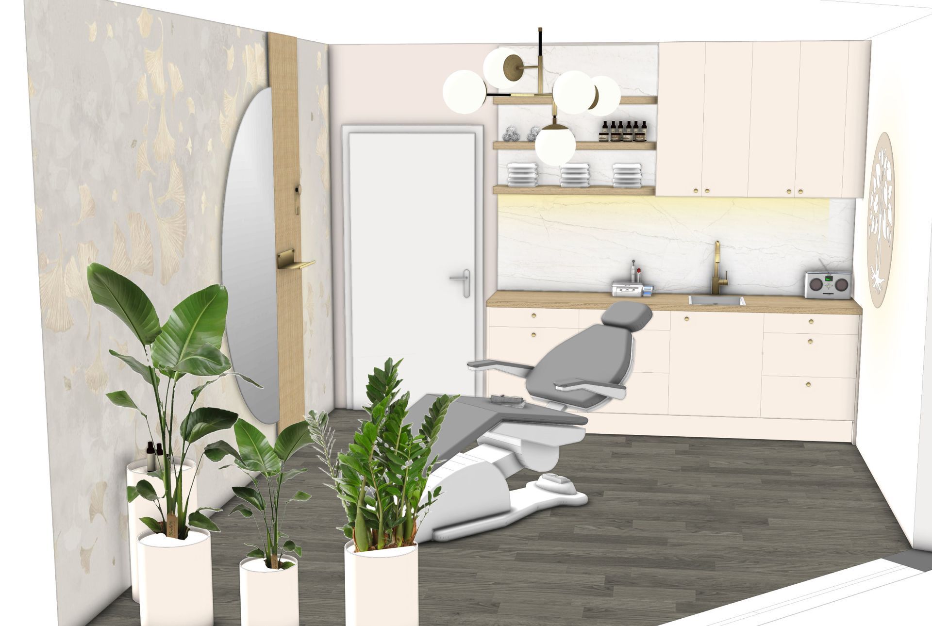 Ein Salonraum mit Zahnarztstuhl, Pflanzen und Schränken.