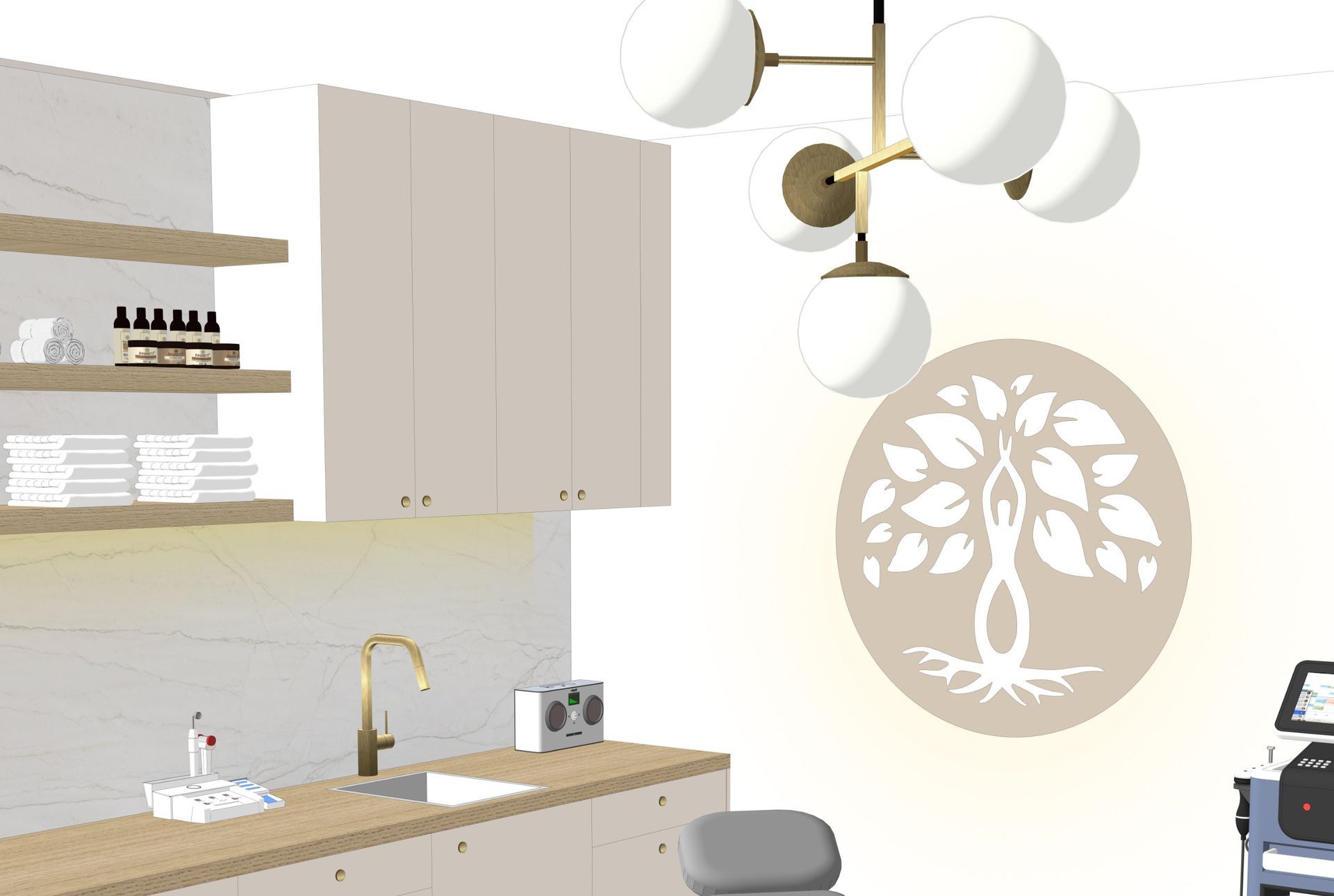 Modernes Spa-Interieur mit Schränken, Regalen, einem goldenen Wasserhahn, einem Wanddesign in Form eines Lebensbaums und einer kugelförmigen Leuchte.