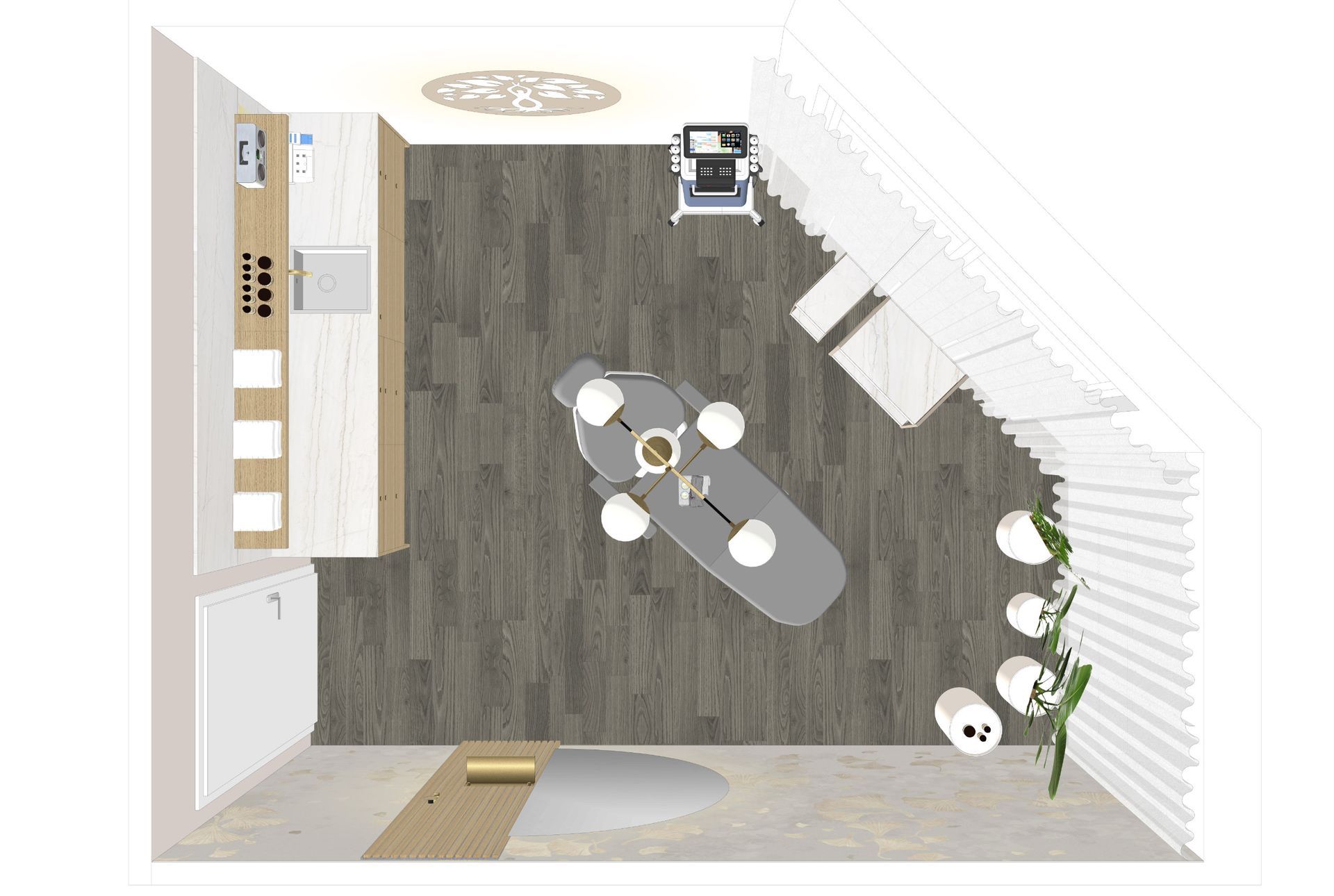 Draufsicht auf ein modernes Zimmer. Es enthält eine Küche, einen Esstisch mit Stühlen, ein Sofa, einen Sessel und eine Pflanze neben einem Fenster.