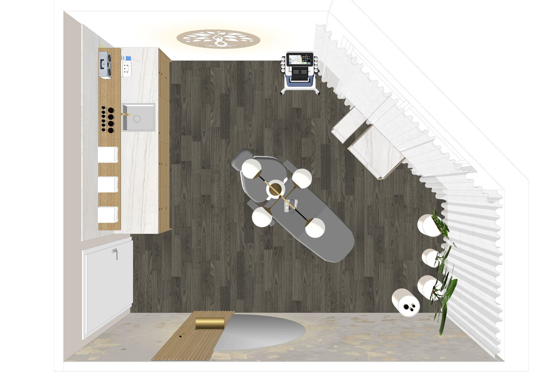 3D Raumplanung der Beauty Lounge mit optimierter Anordnung für Behandlungen und Arbeitsabläufe, Vogelperspektive