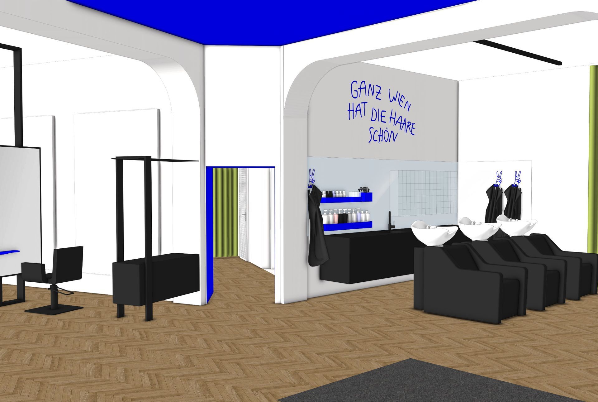 Interieur eines Friseursalons mit schwarzen Stühlen, Waschbecken und Produkten. Blaue, weiße und holzfarbene Töne.