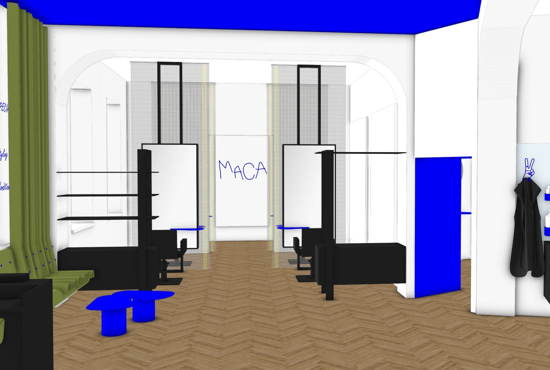 Visualisierung eines Ladenlokals mit weißen Wänden, blauen Akzenten, schwarzen Auslagen und Fischgrätparkett.