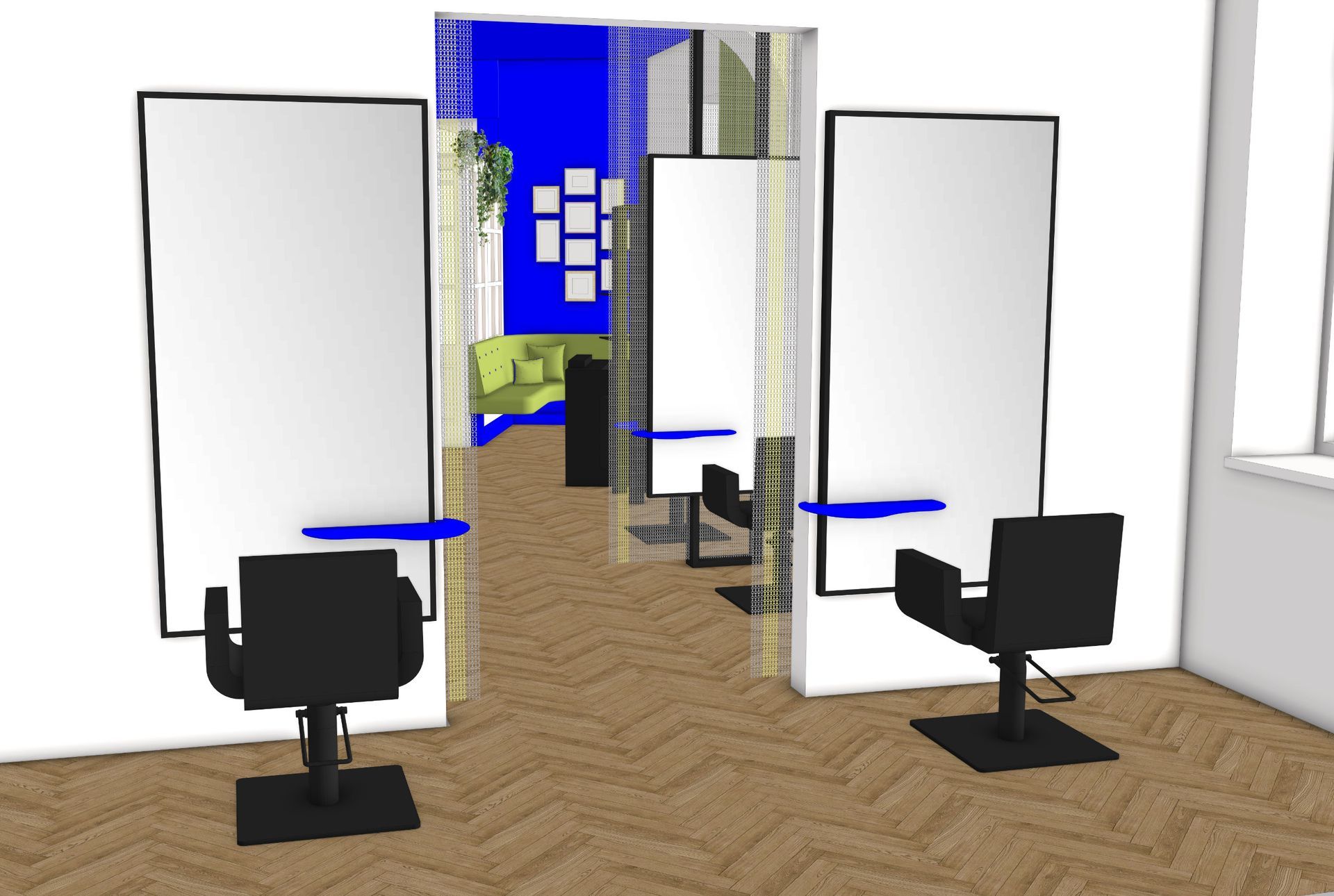 Interieur eines Friseursalons mit Spiegeln, Stühlen und Holzboden. Blaue Akzente und ein einsehbarer Hinterraum.