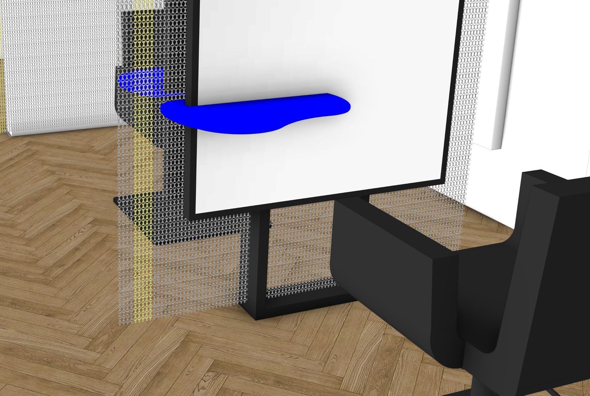 Blauer Gegenstand auf weißem Grund, möglicherweise ein Gemälde auf einer Staffelei in einem Raum mit Holzboden.