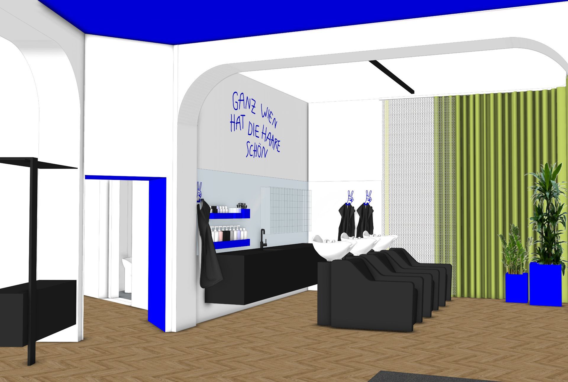 Saloninterieur mit blauen Akzenten, schwarzen Möbeln und einem gewölbten Türbogen.