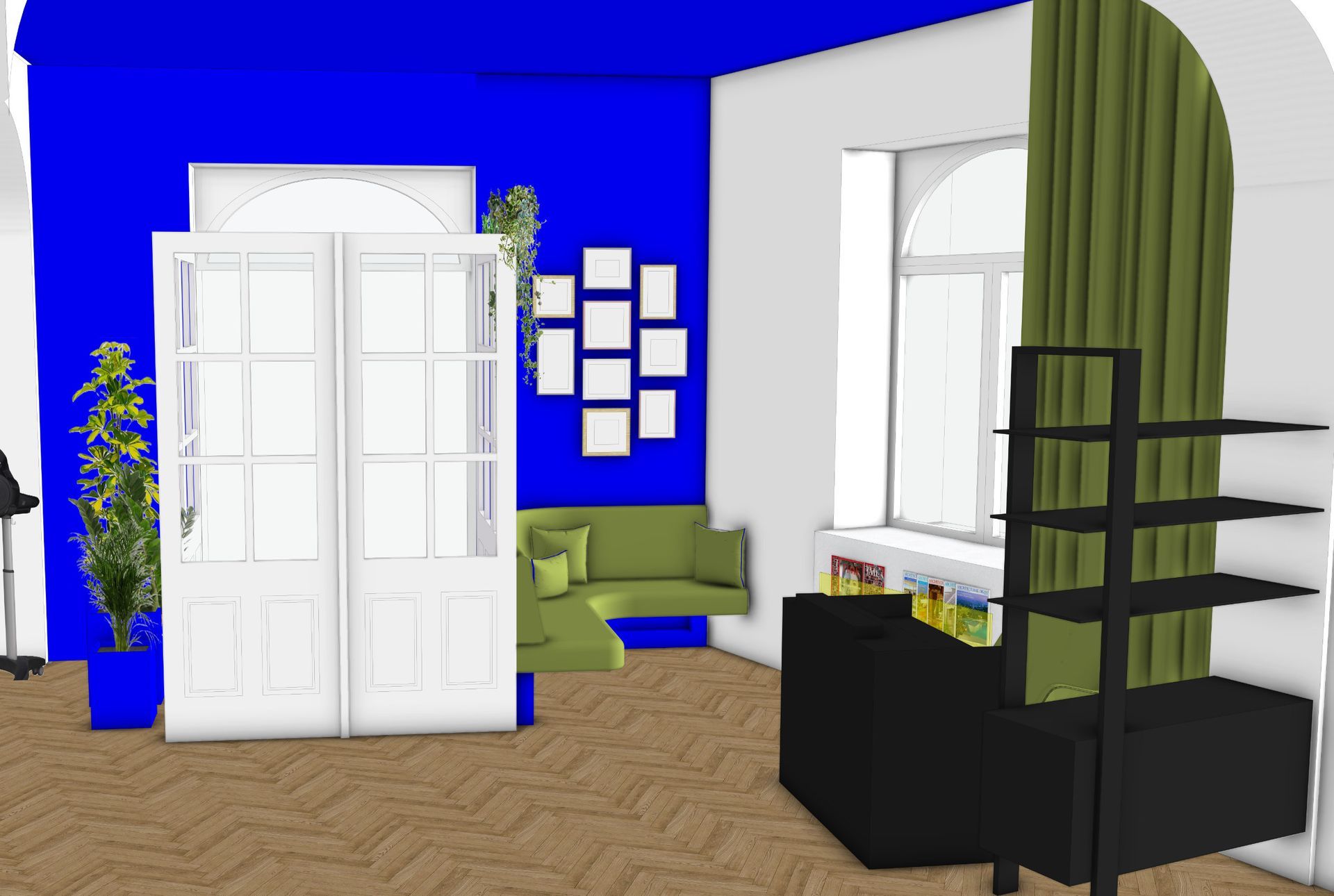 Innenraumvisualisierung eines Zimmers mit blauen Wänden, weißen Türen, einem grünen Sofa und einem schwarzen Regal.