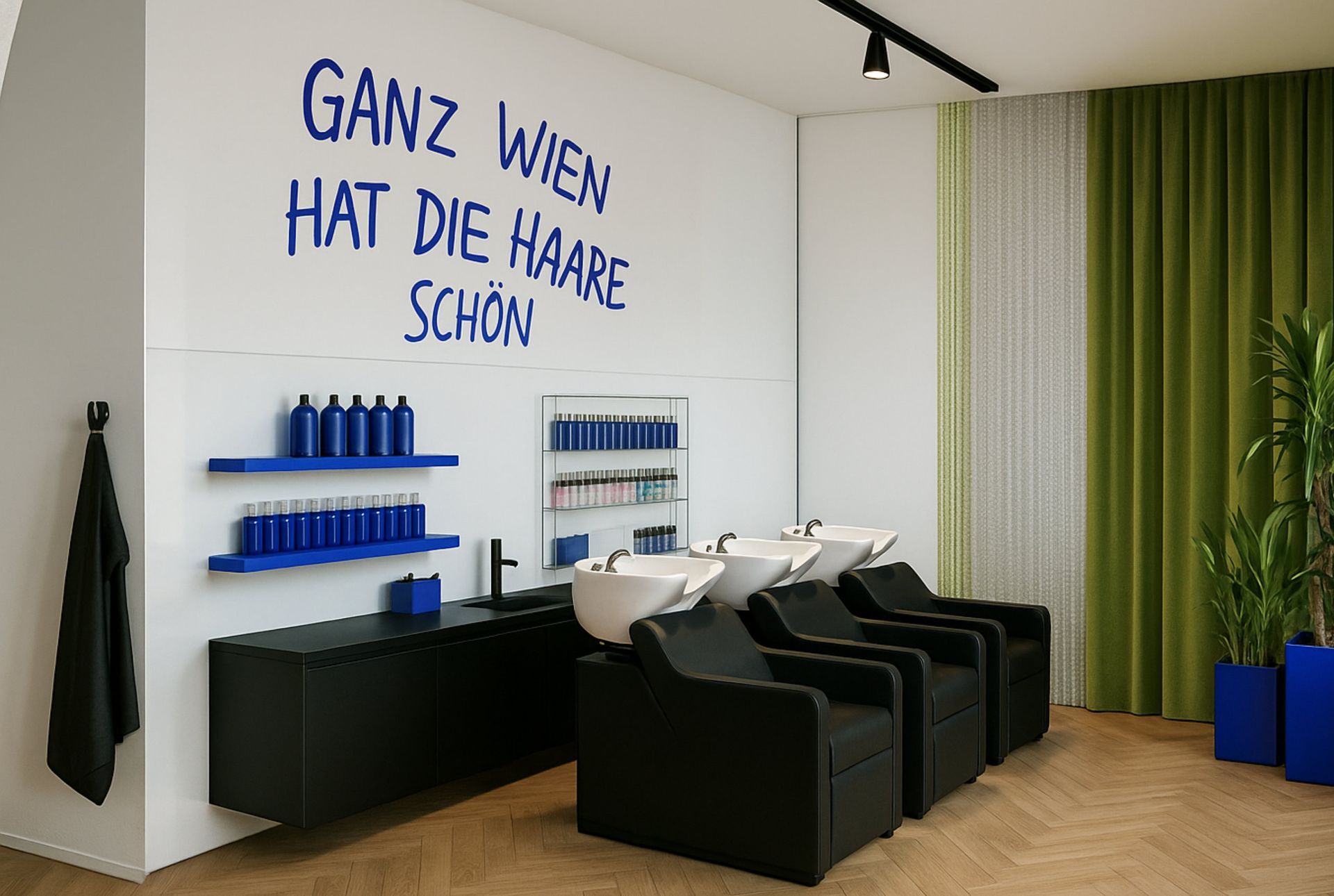 Interieur eines Friseursalons mit Waschplätzen, blauen Regalen und einer Wand mit blauem Text, auf dem „Ganz Wien Hat Die Haare Schön“ steht.