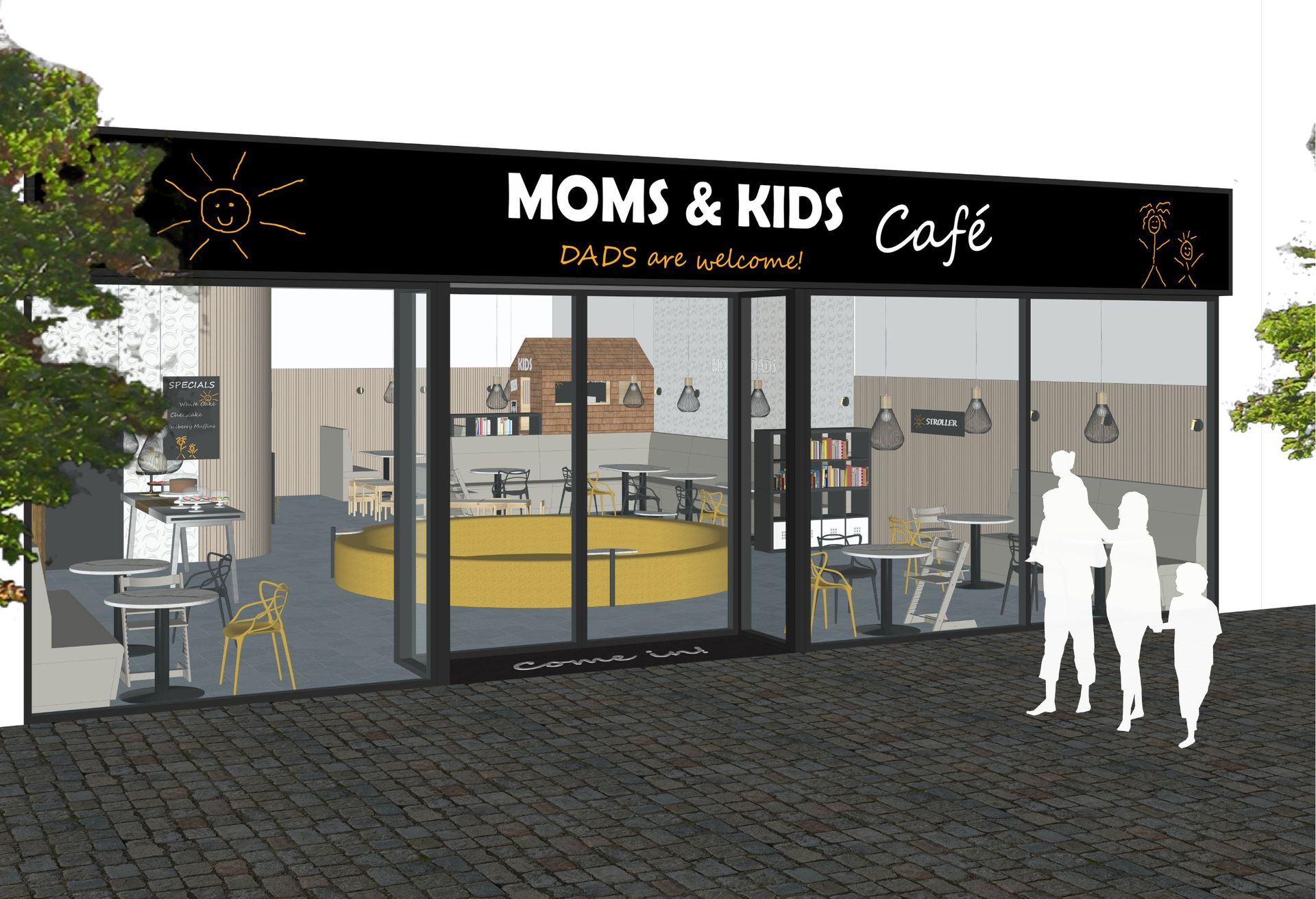 Café „Moms & Kids“ mit Glasfront, offener Tür, Schild, Tischen und Silhouetten einer Familie auf dem Bürgersteig.