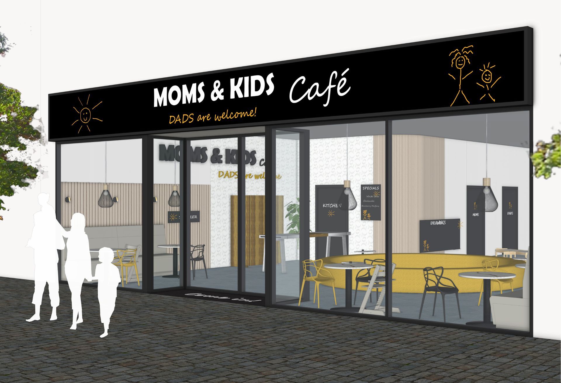 Außenansicht des „Moms & Kids Café“ mit Glasfassade, schwarzer Markise und einer Familie, die davor entlanggeht.