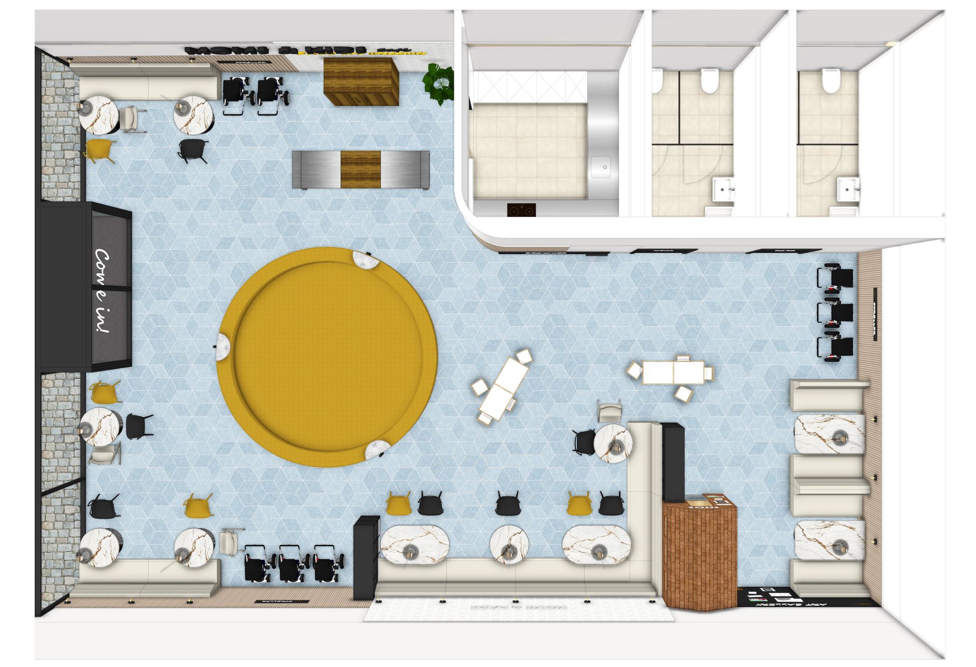 Draufsicht auf den Grundriss eines Hotels mit Café, Bar und Gästezimmern. Hellblauer Boden, gelber runder Tisch und weiße Möbel.