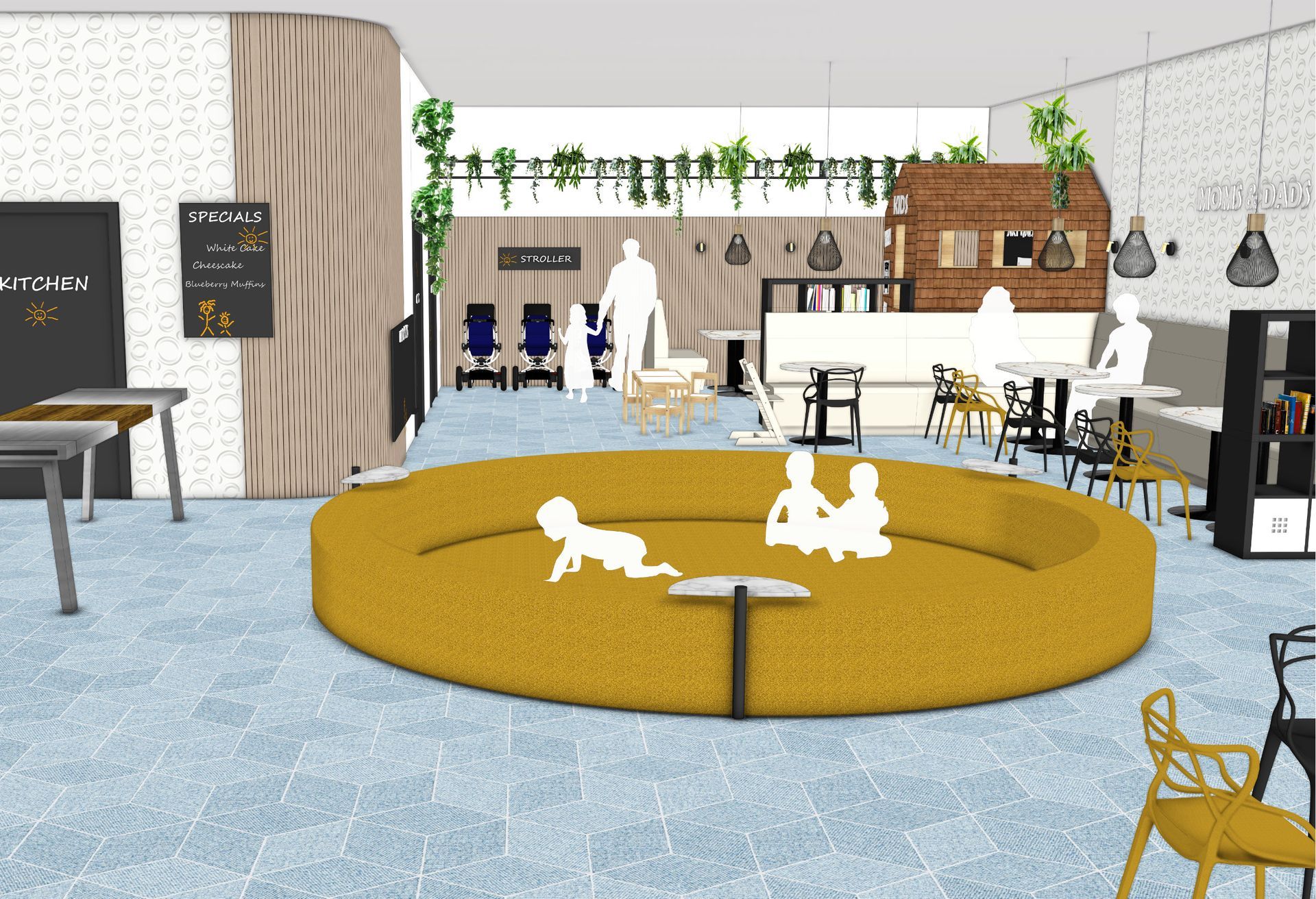 Innenansicht eines Cafés mit einem runden gelben Sofa und verschiedenen Sitzbereichen.