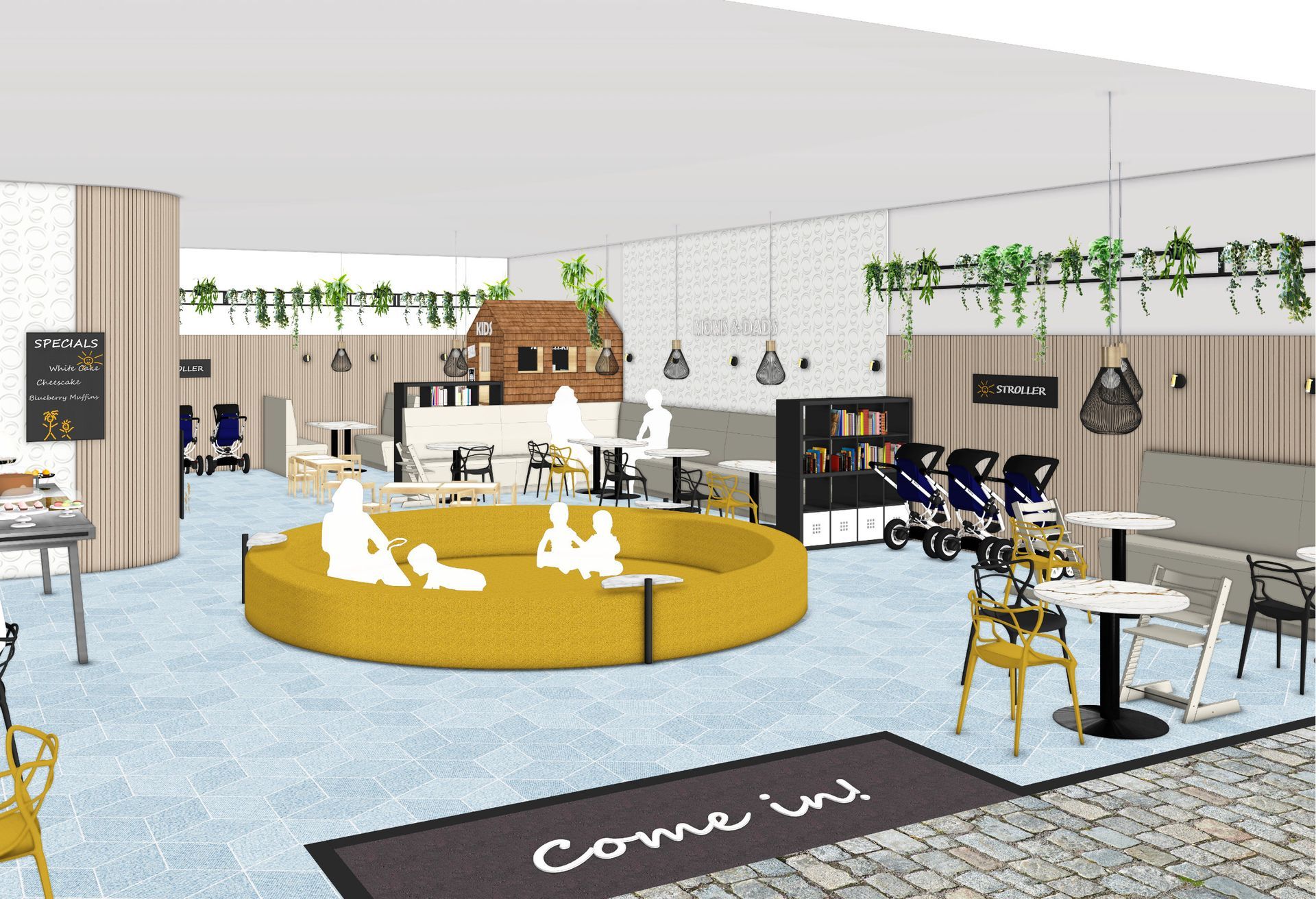 Innenansicht eines familienfreundlichen Raumes: ein gelber runder Sitzbereich, Cafétische und ein Spielbereich.