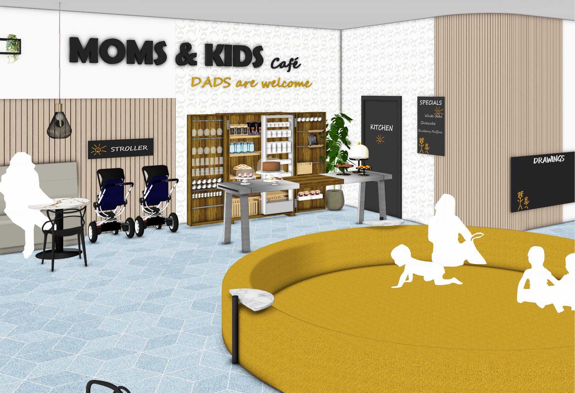 Innenansicht eines „Mütter & Kinder“-Cafés. Zur Ausstattung gehören eine Spielecke, Sitzgelegenheiten, eine Theke und Kinderwagen.