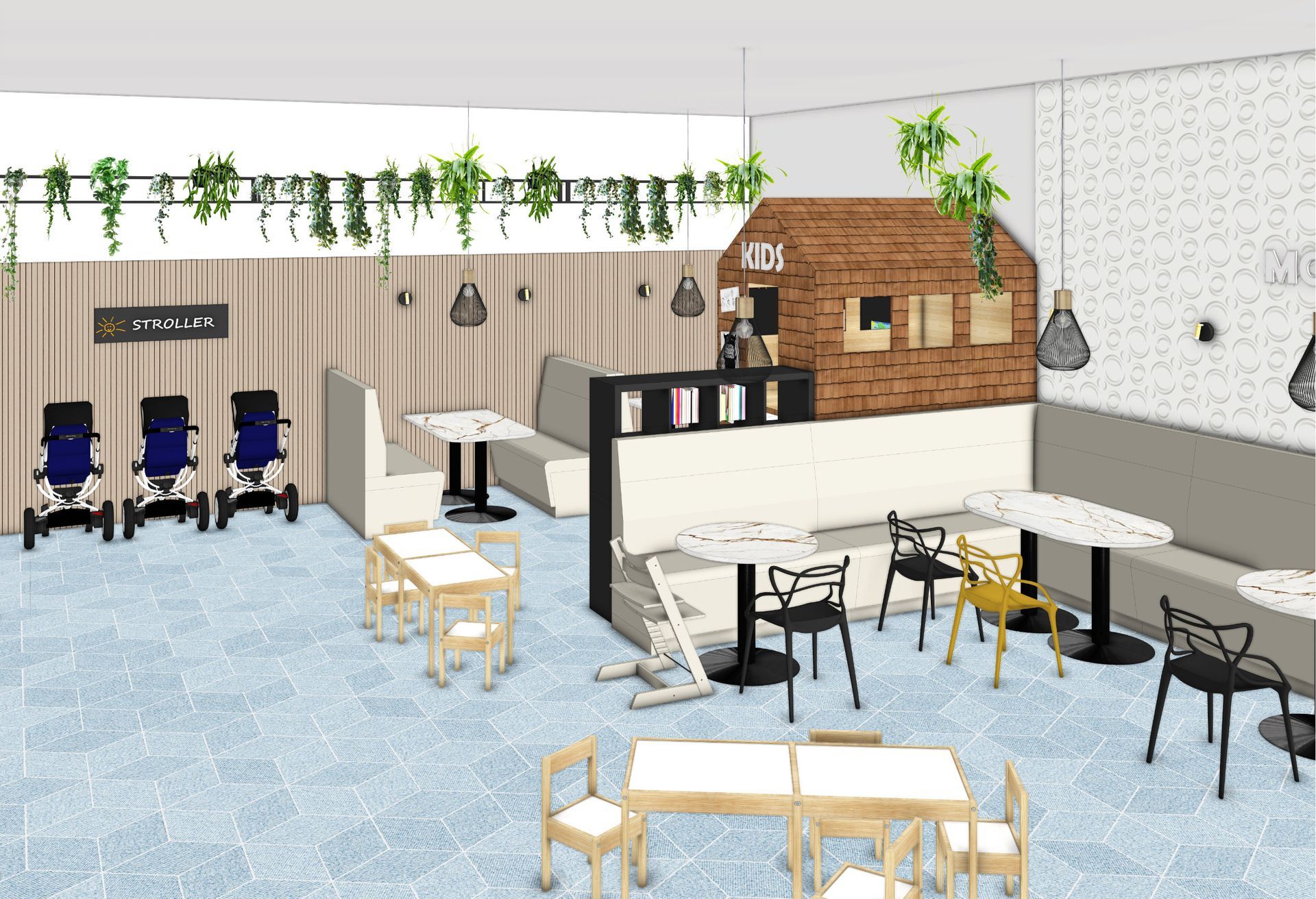 Café-Interieur mit Tischen, Stühlen, Sitznischen und Pflanzen. Hellblauer Boden. Einige Tische sind barrierefrei zugänglich.