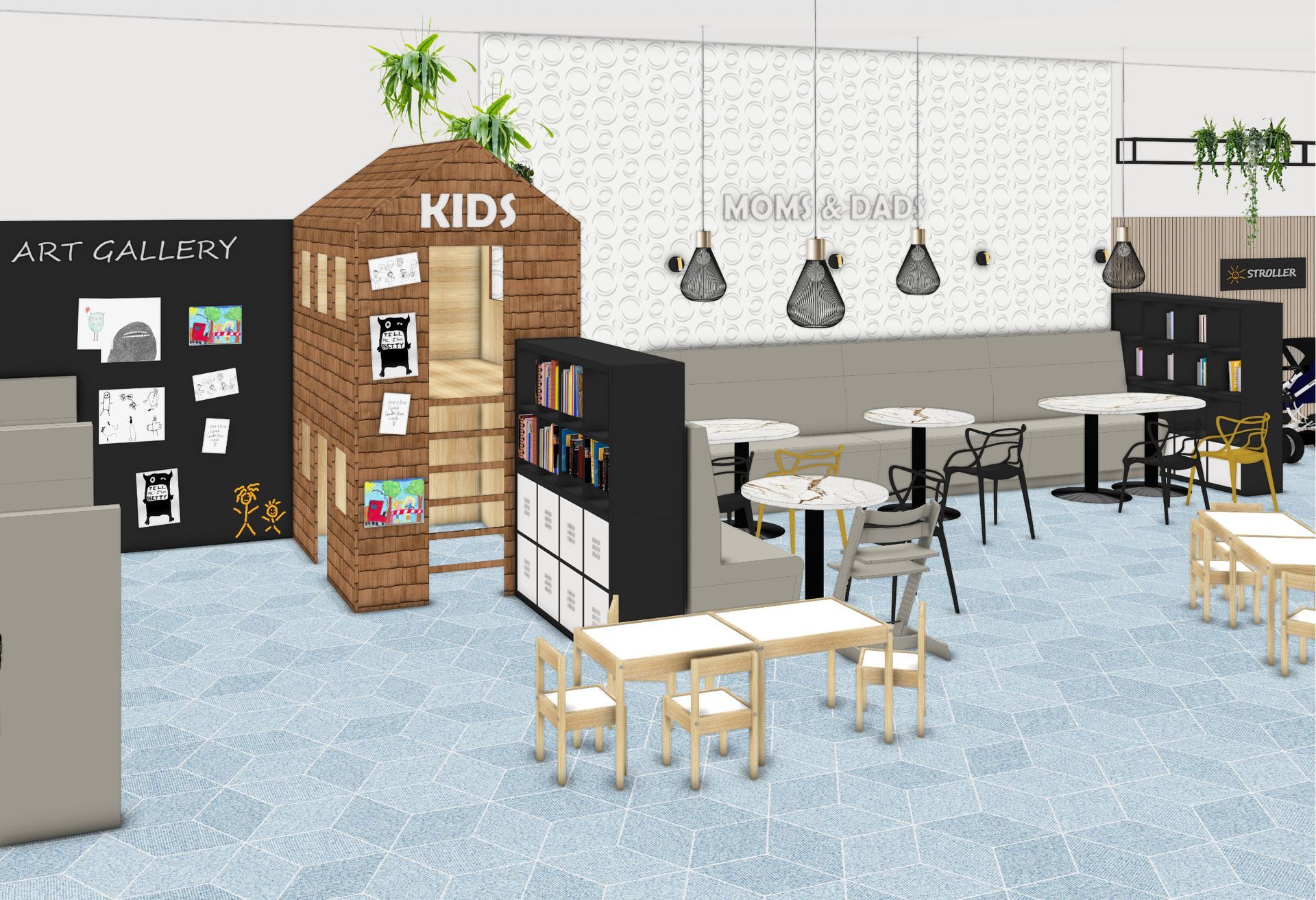 Kinderfreundliches Café mit Spielhaus, Kunstgalerie und kleinen Tischen/Stühlen. Neutrale Farbpalette, hellblauer Teppich.