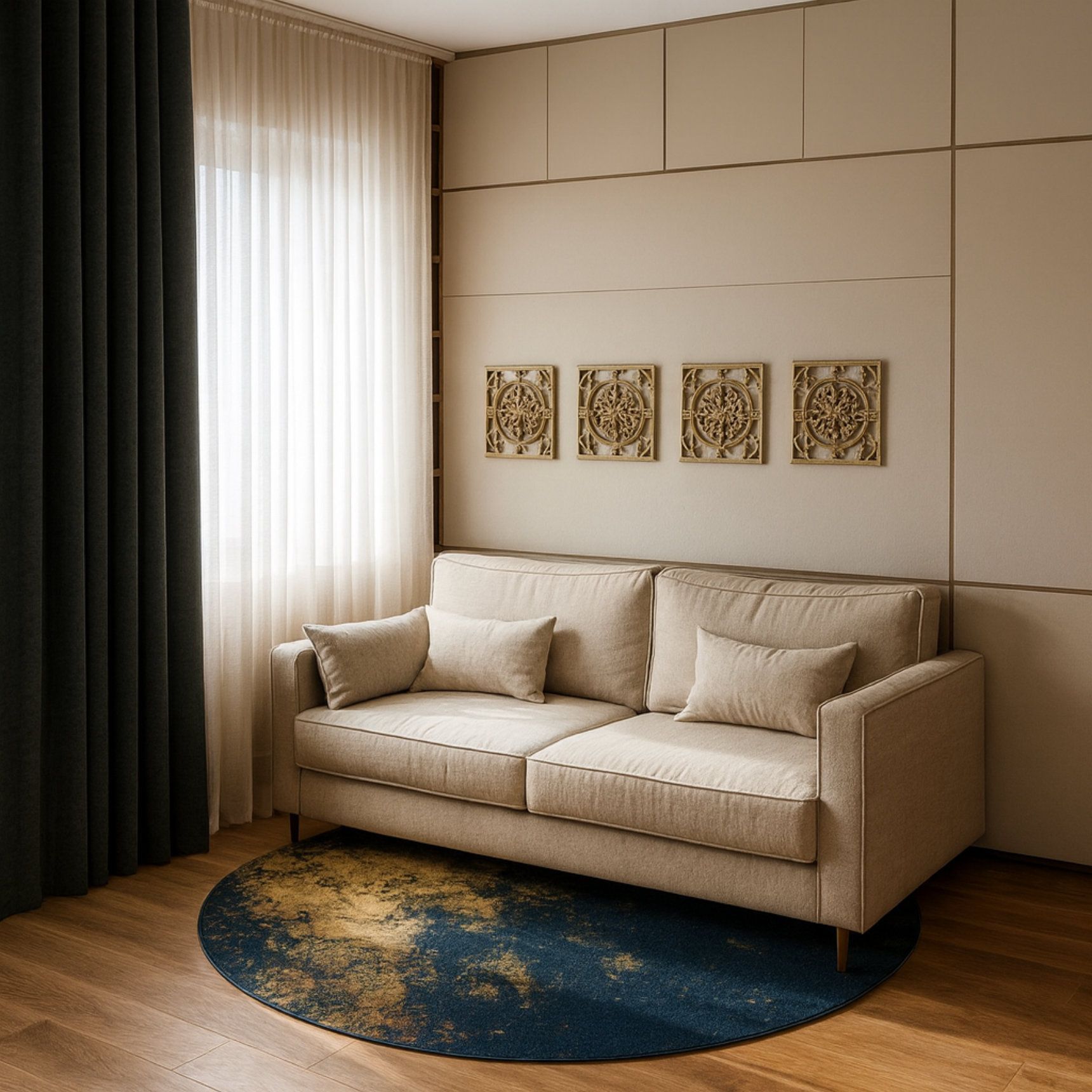 Beiges Sofa in einem Zimmer mit einem runden blauen Teppich, vier Wandbildern und einem Fenster mit dunklem Vorhang.