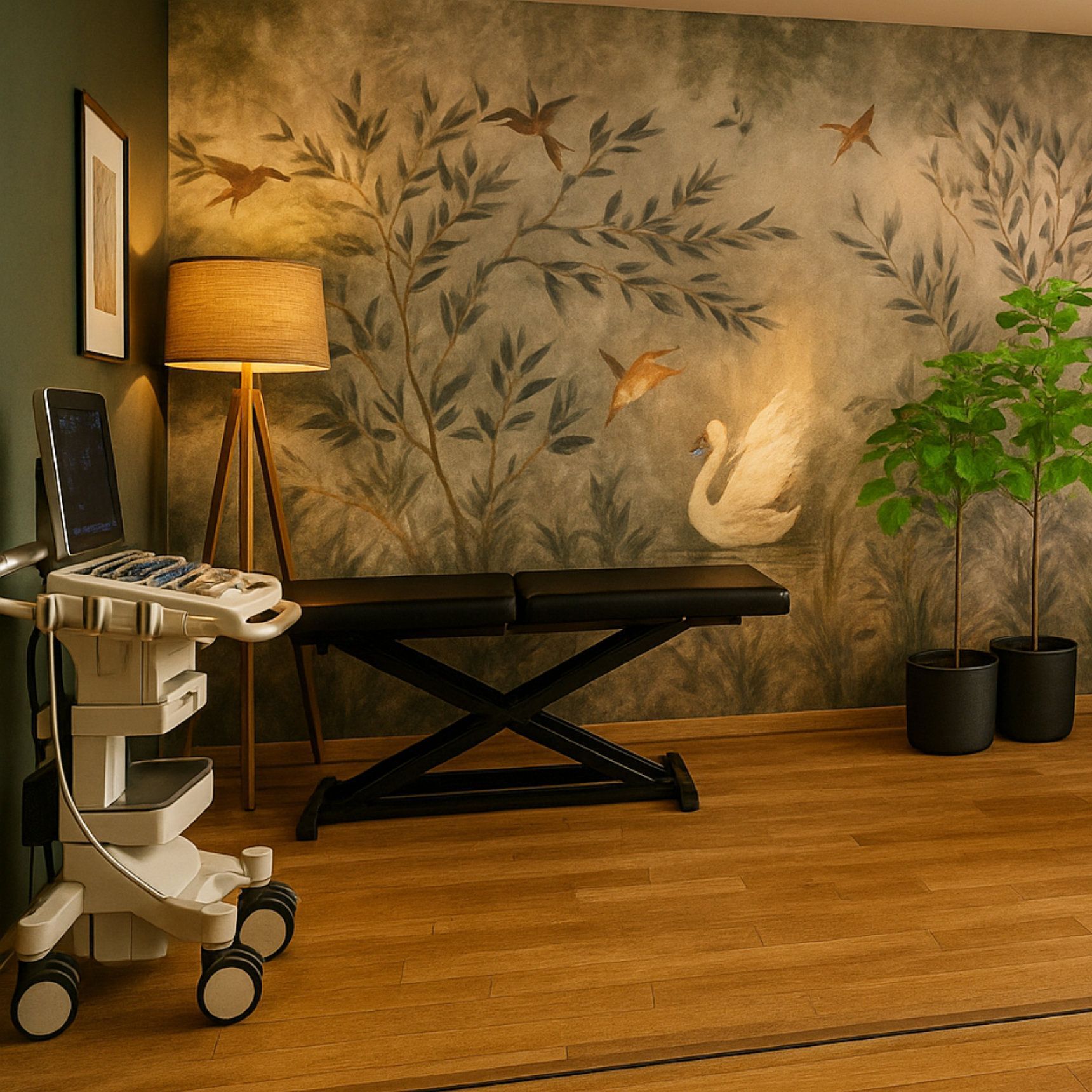 Medizinischer Untersuchungsraum mit Ultraschallgerät, Untersuchungsliege und Wandbild mit Vögeln und Pflanzen.