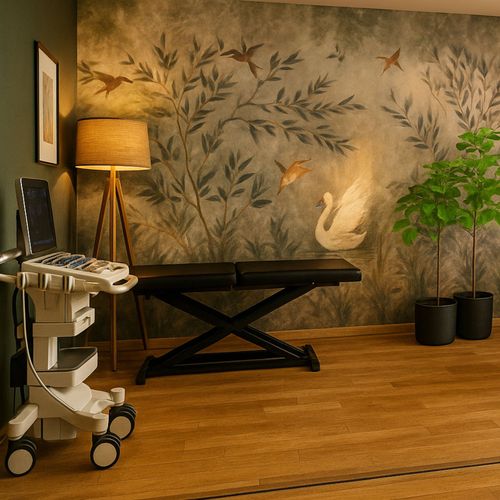 Medizinischer Untersuchungsraum mit Ultraschallgerät, Untersuchungsliege. Mit wohnlicher Gestaltung: Designtapete mit Vögeln und Pflanzen, Holzboden und warmen Licht statt klassischer Praxisoptik.