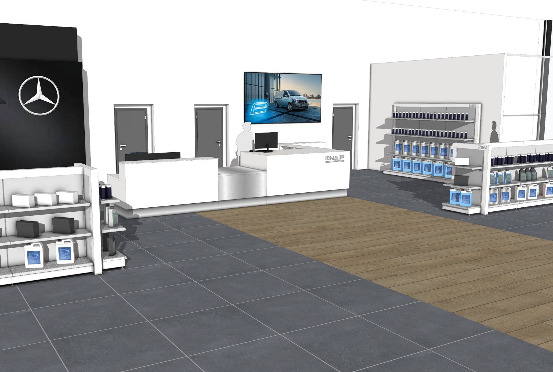 Innenansicht eines Mercedes-Benz-Autohauses. Weißer Tresen, Warenregale, Fernseher mit einem Autobild, graue und braune Böden.