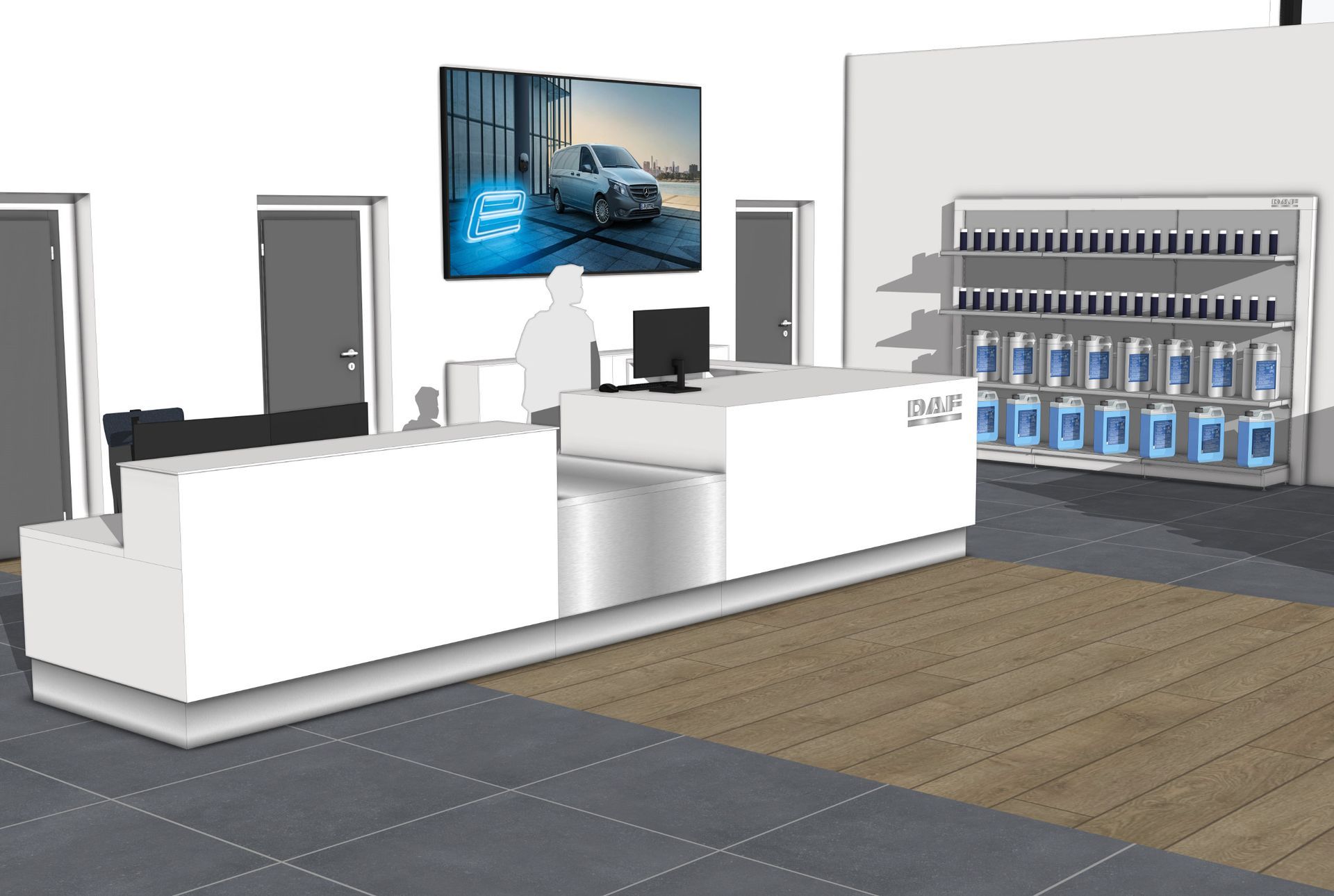Empfangsbereich eines Geschäfts. Weißer Schreibtisch, eine Person, Vitrine mit Auto und Regale mit Produkten.