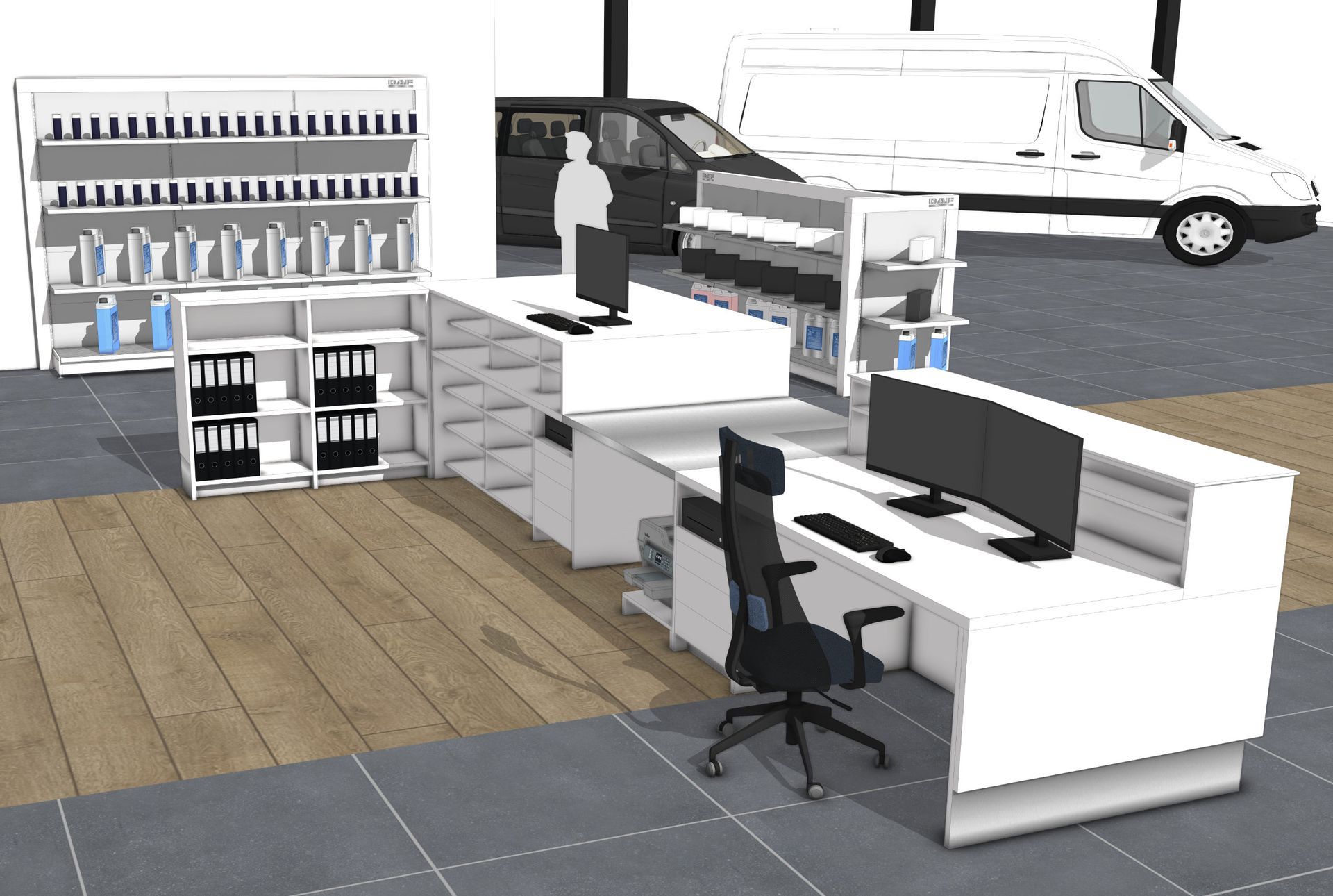 Bürointerieur mit Schreibtischen, Regalen, Computern, einem Auto und einem Lieferwagen.