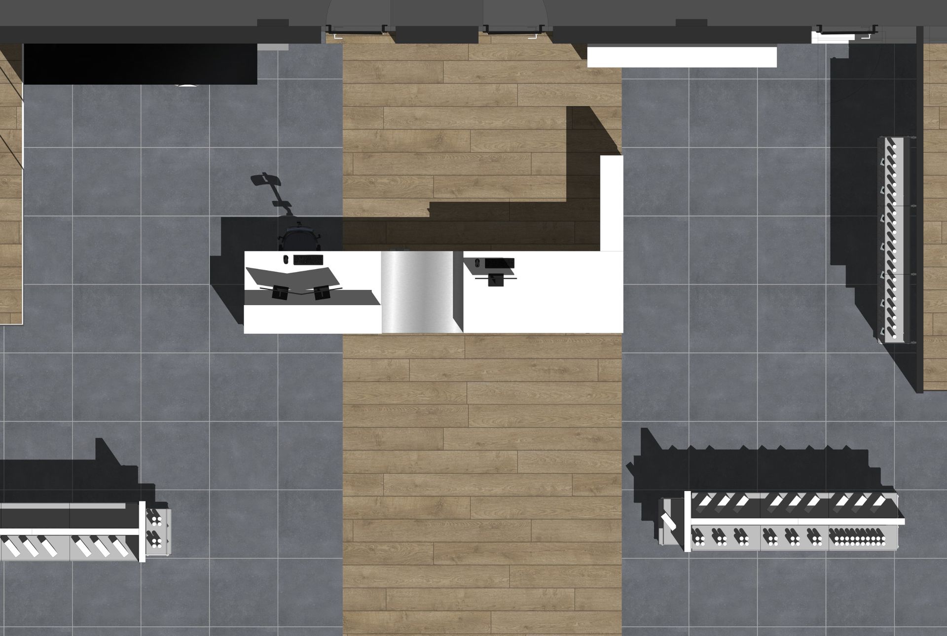 Draufsicht auf eine moderne Küche mit weißen Arbeitsplatten, Holzboden, Elektrogeräten und grauen Fliesen.