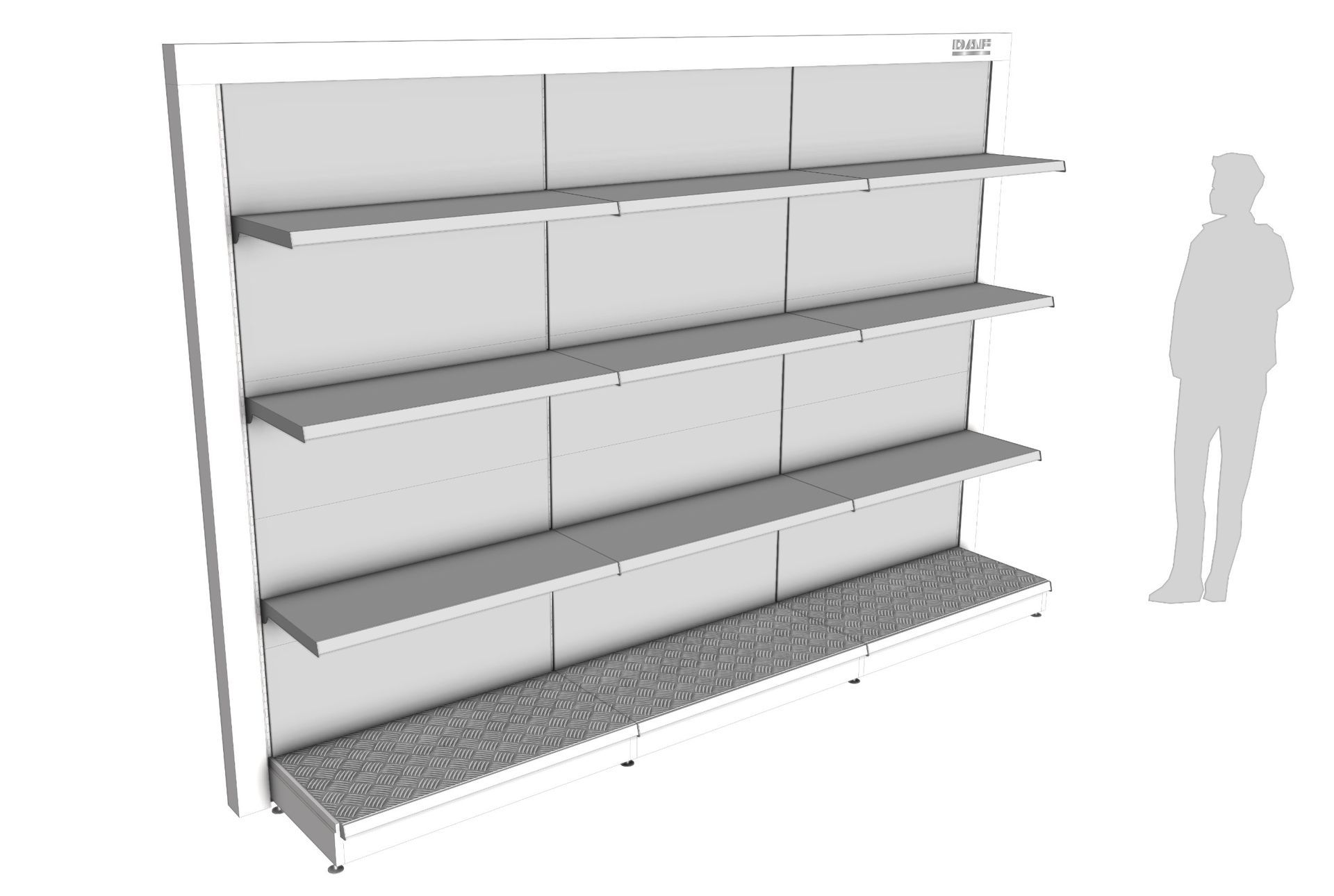 Weißes Regal mit vier Regalböden; daneben steht die Silhouette einer Person.