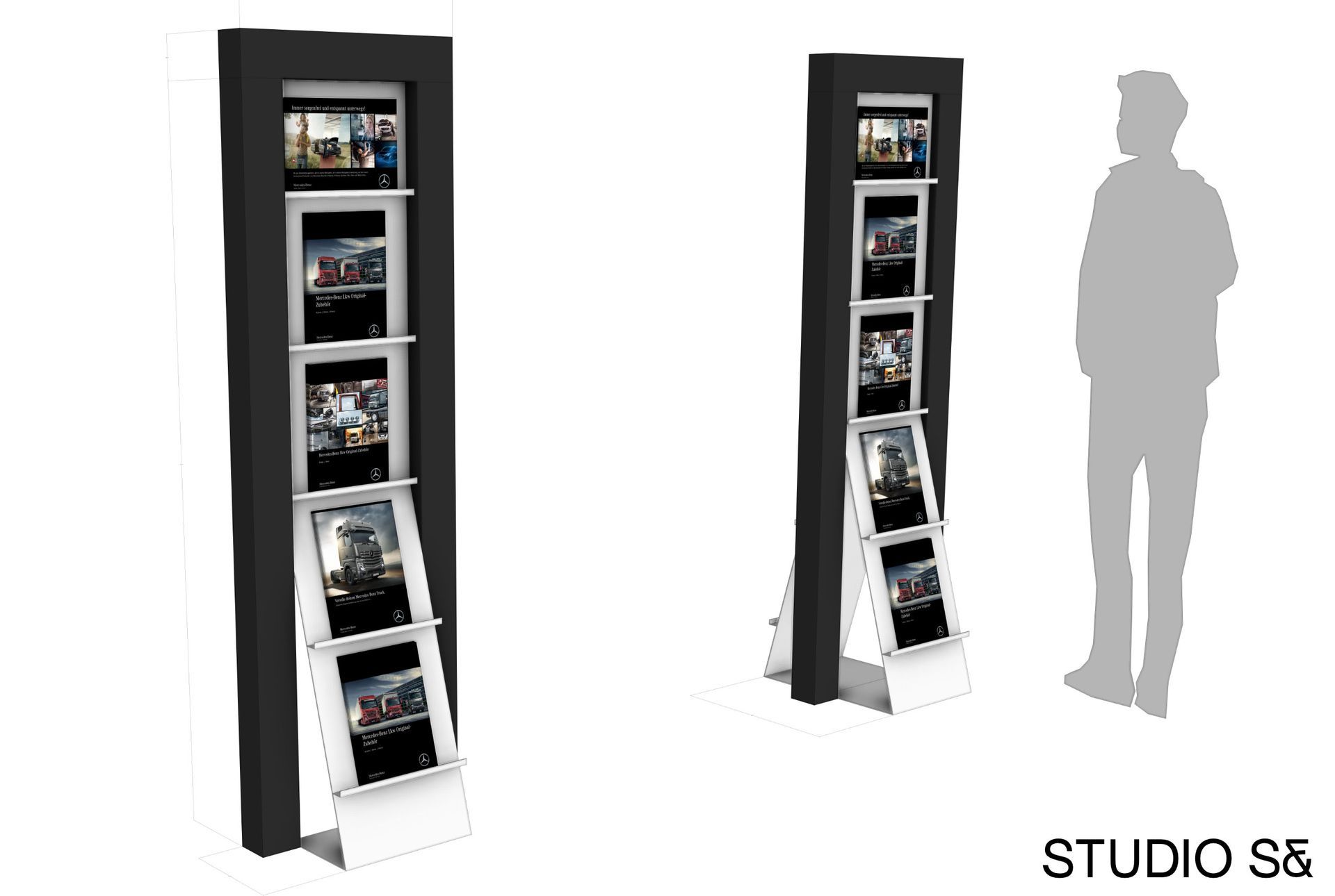 Schwarzer Präsentationsständer mit schrägen Regalböden zur Aufnahme von Bildern; rechts davon Personensilhouette.