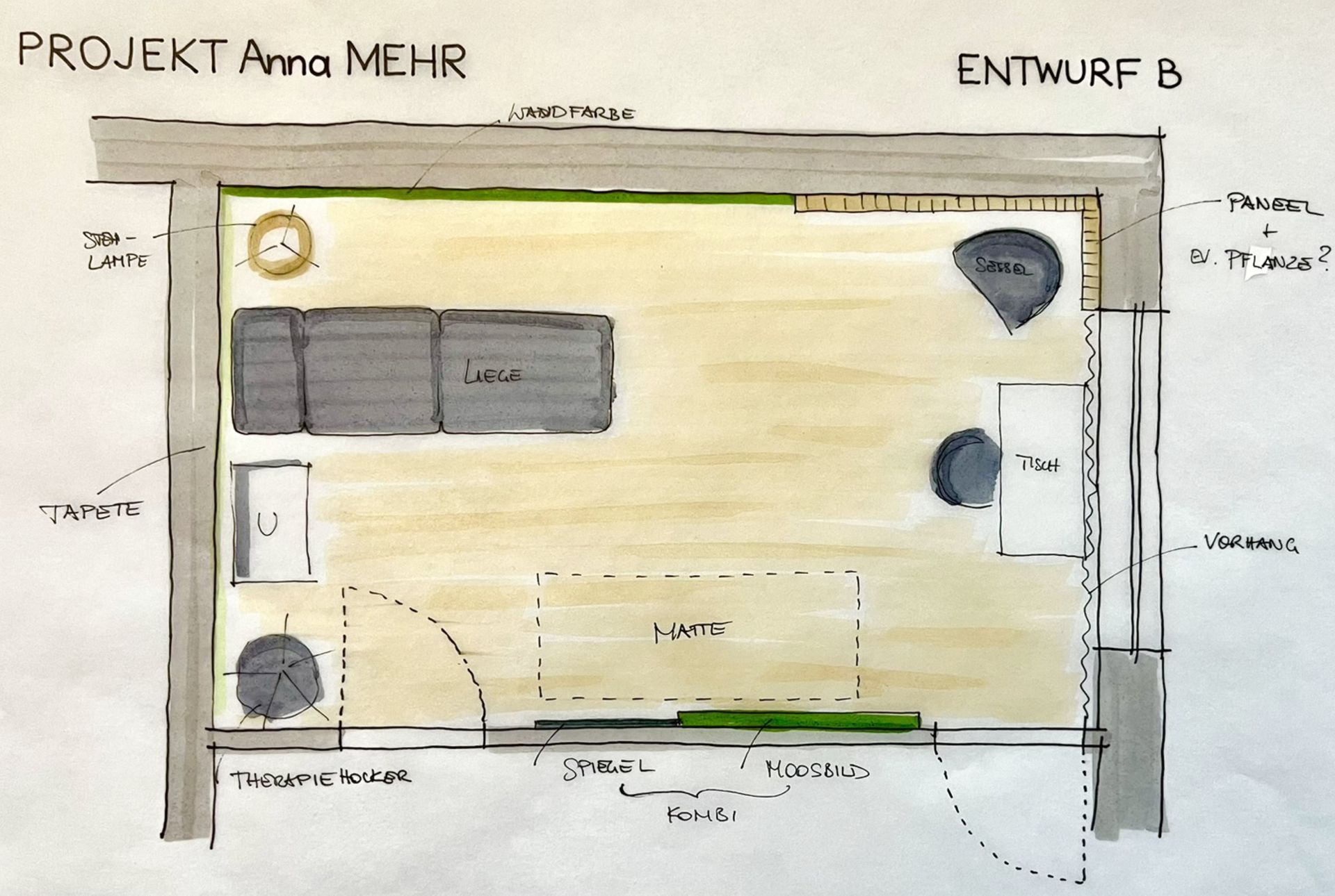 Handgezeichneter Grundriss eines Zimmers mit in deutscher Sprache beschrifteter Möbelanordnung.