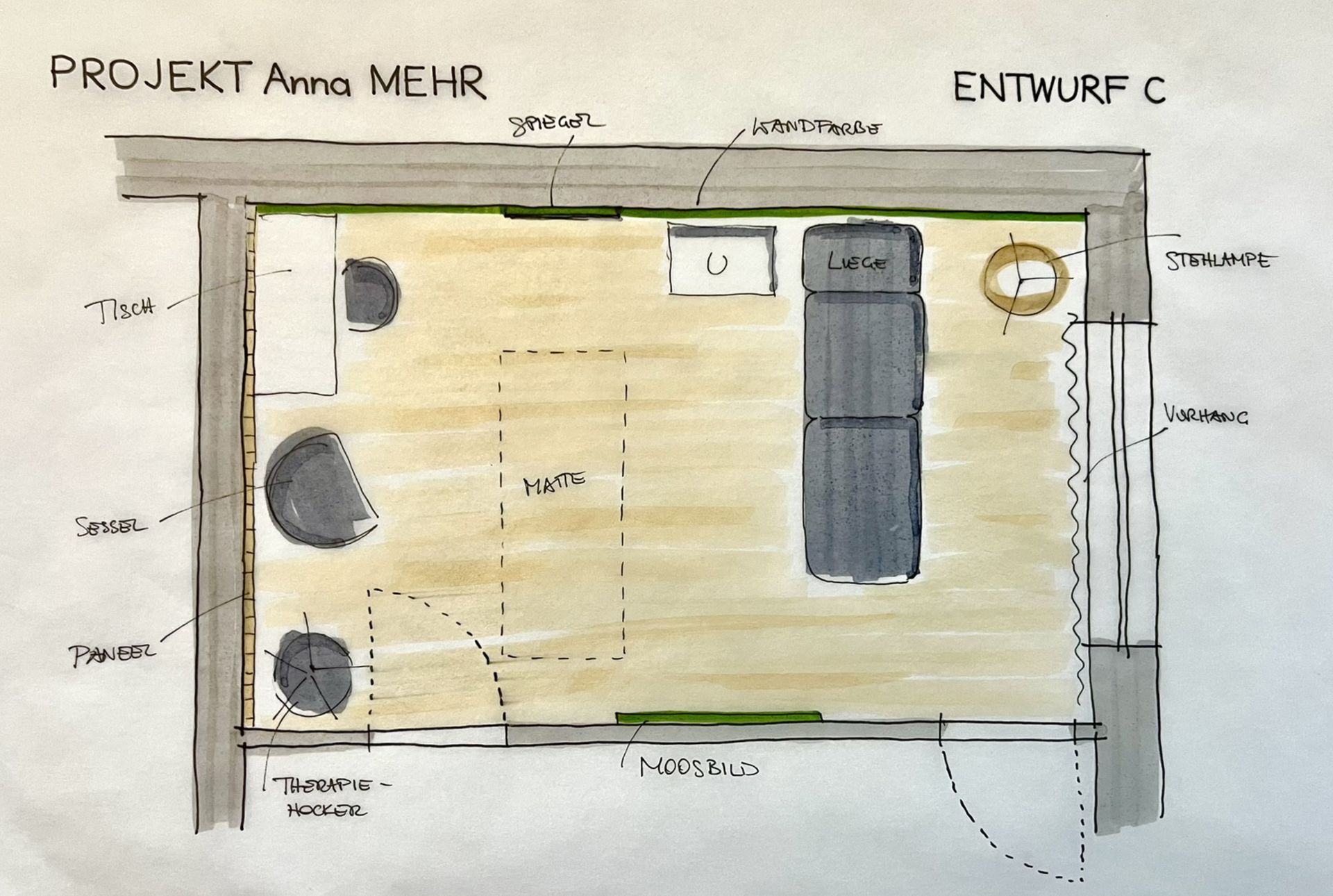 Draufsicht auf einen Raumgrundriss mit Möbelanordnung; beinhaltet ein Bett, Stühle, einen Schreibtisch und eine Tür.