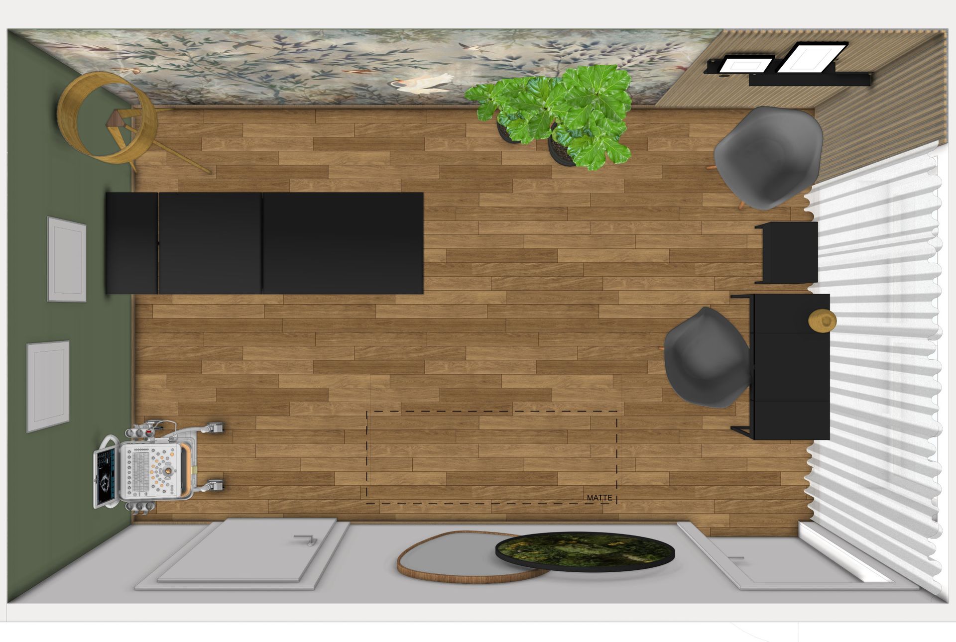 Draufsicht auf einen Raum mit schwarzen Schränken, Schreibtisch, Stühlen und verschiedenen Dekorationsgegenständen auf Holzböden und grün-weißen Wänden.