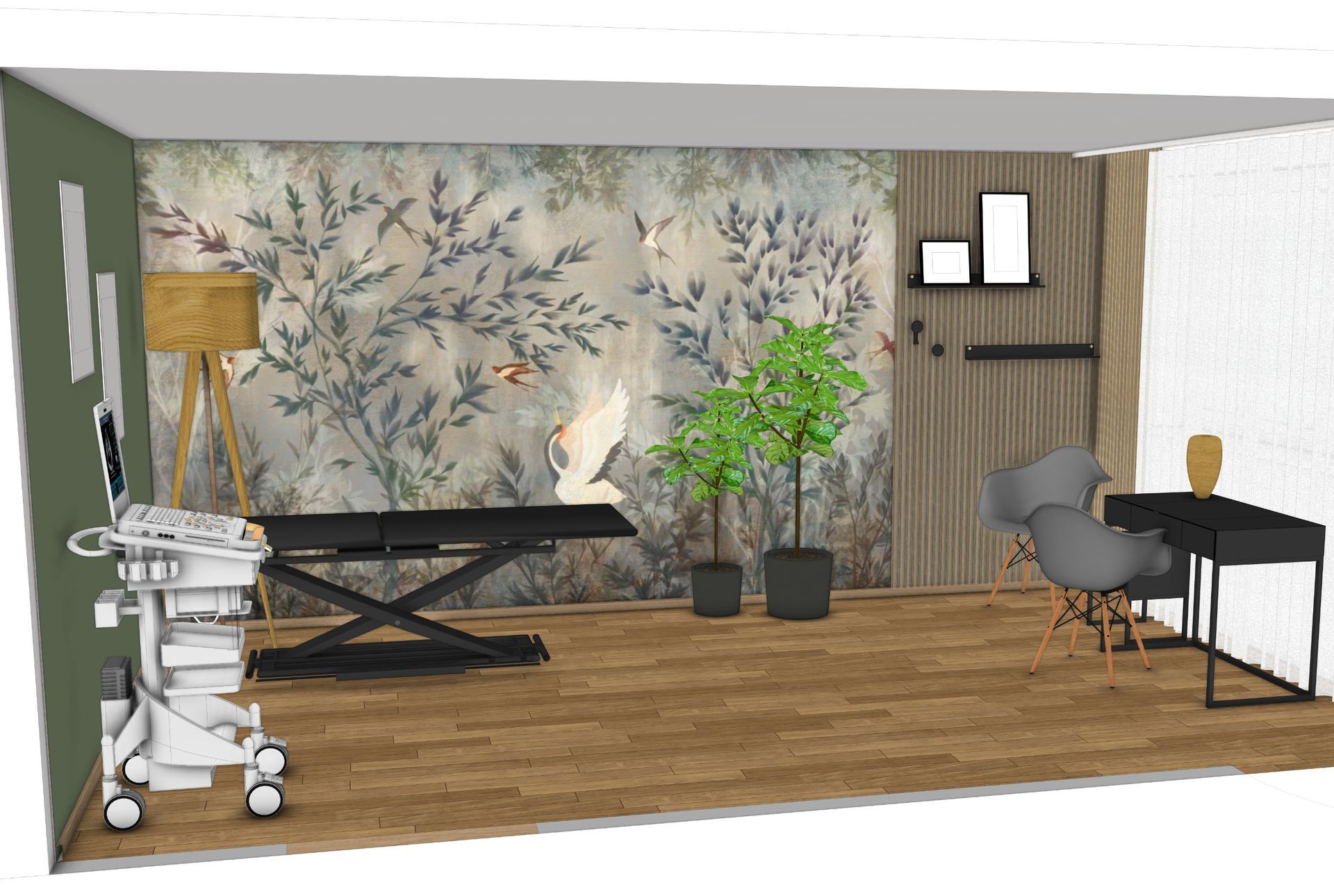Medizinischer Untersuchungsraum mit Untersuchungsliege, Ultraschallgerät, Schreibtisch und Blättertapete.