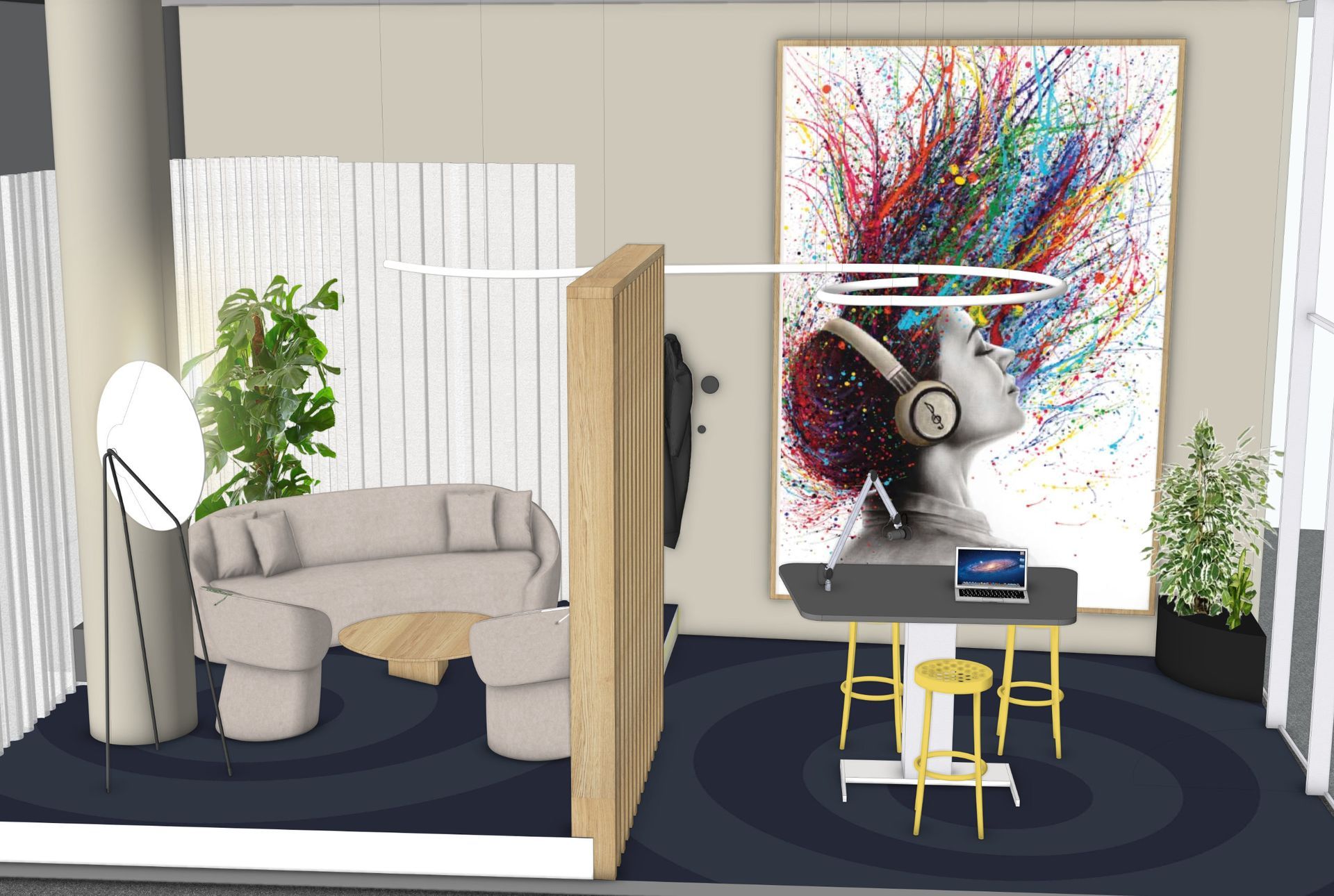 Modernes Bürointerieur mit Sofa, Schreibtisch, Kunst und Pflanzen.