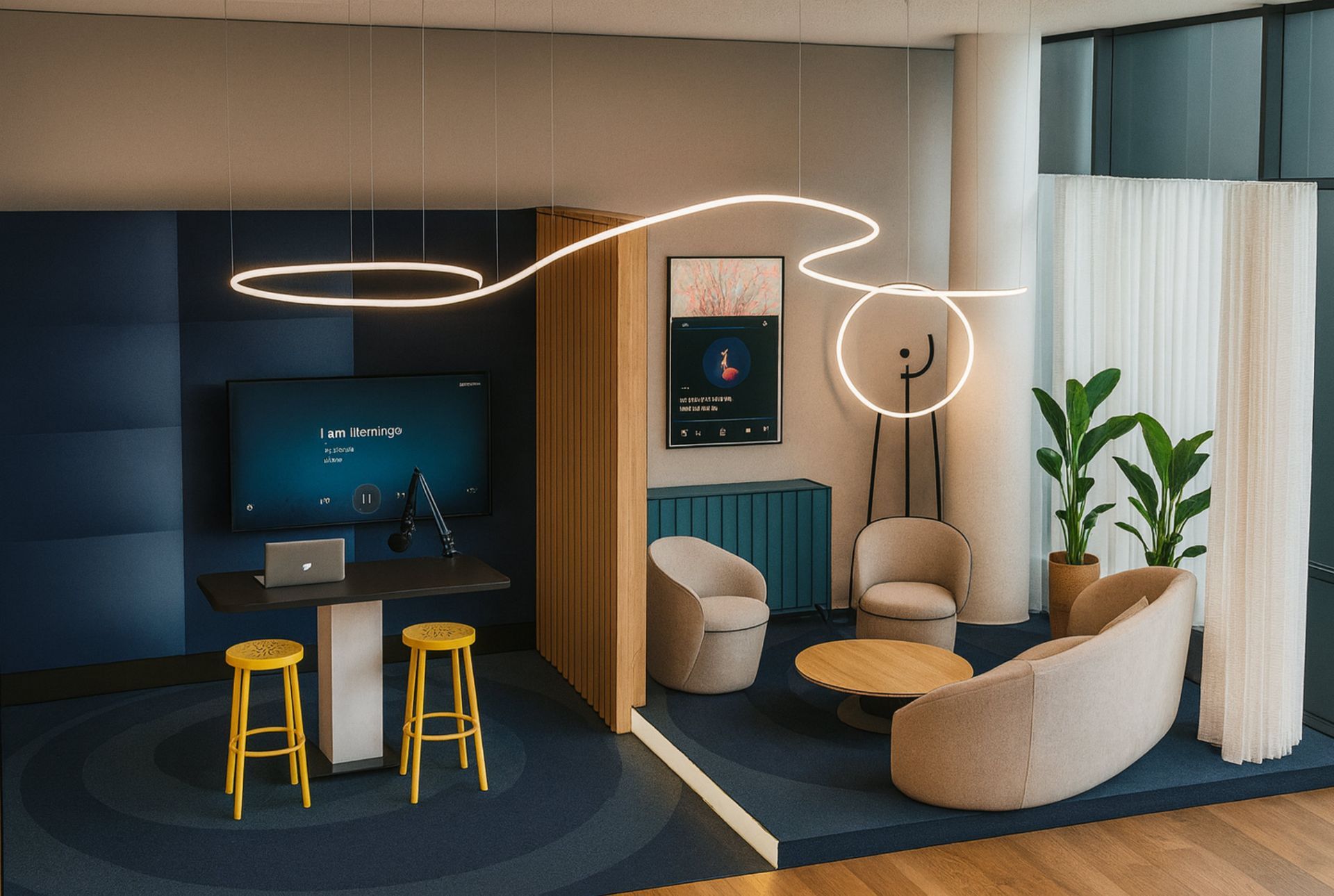 Moderner Loungebereich mit geschwungenem beigefarbenem Sofa, Sesseln und rundem Couchtisch, mit Fernseher, blauen Wänden und gelben Hockern.