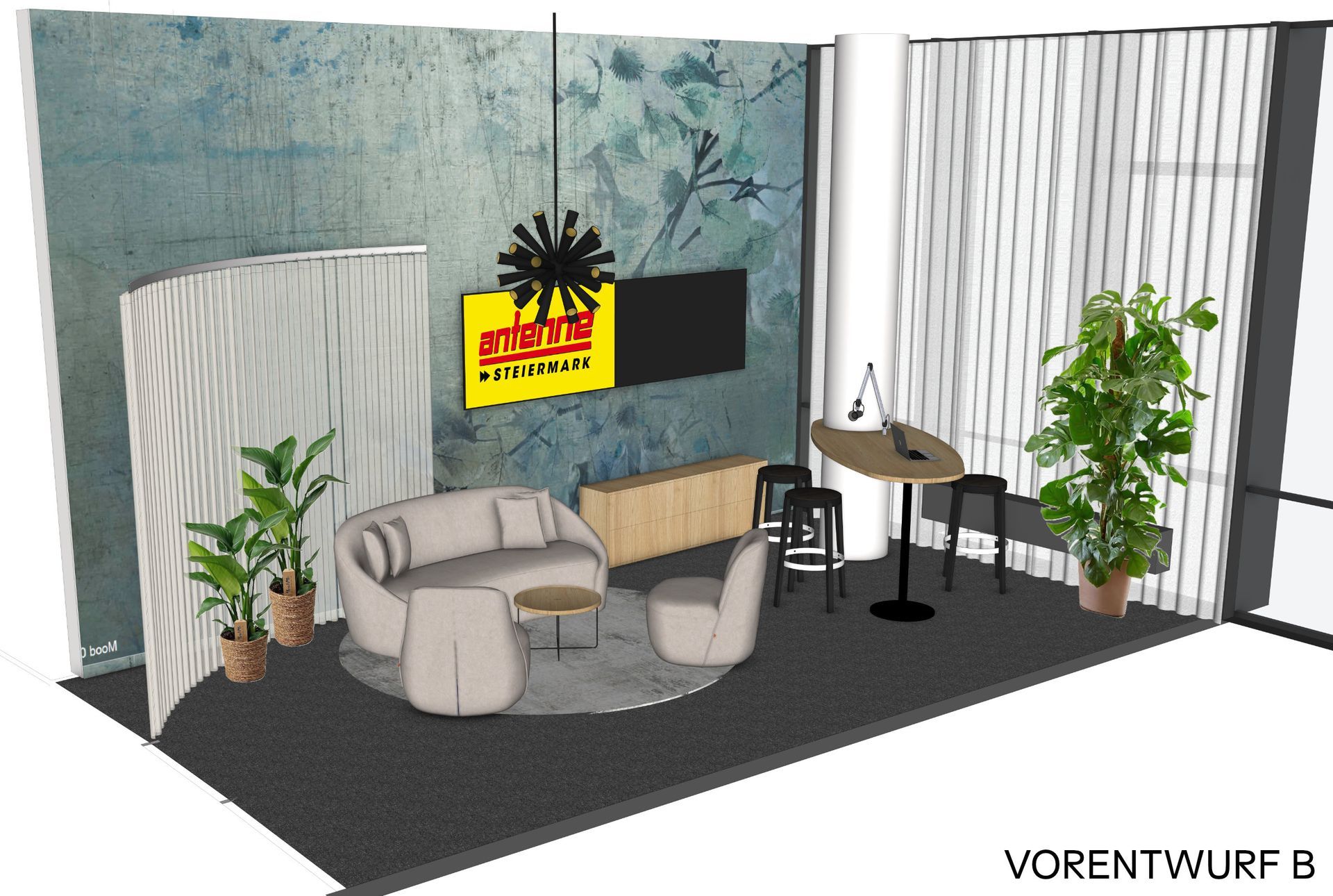 Visualisierung eines modernen Büroraums mit Lounge-Bereich, Bartisch und Pflanzen.