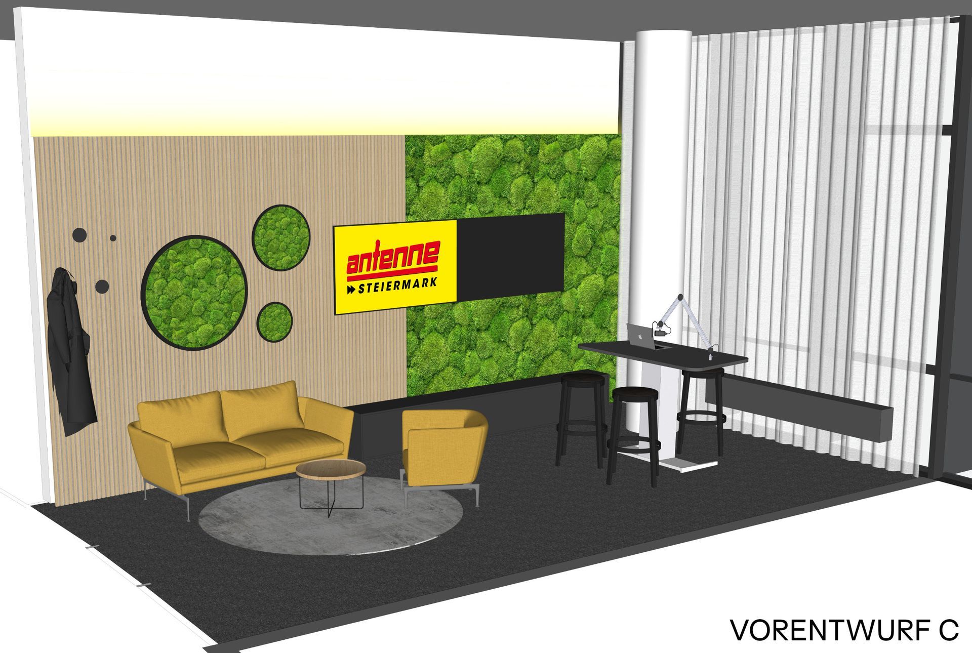 Innenraumvisualisierung eines modernen Büroraums mit gelbem Sofa, Mooswand, Fernseher und Schreibtisch.