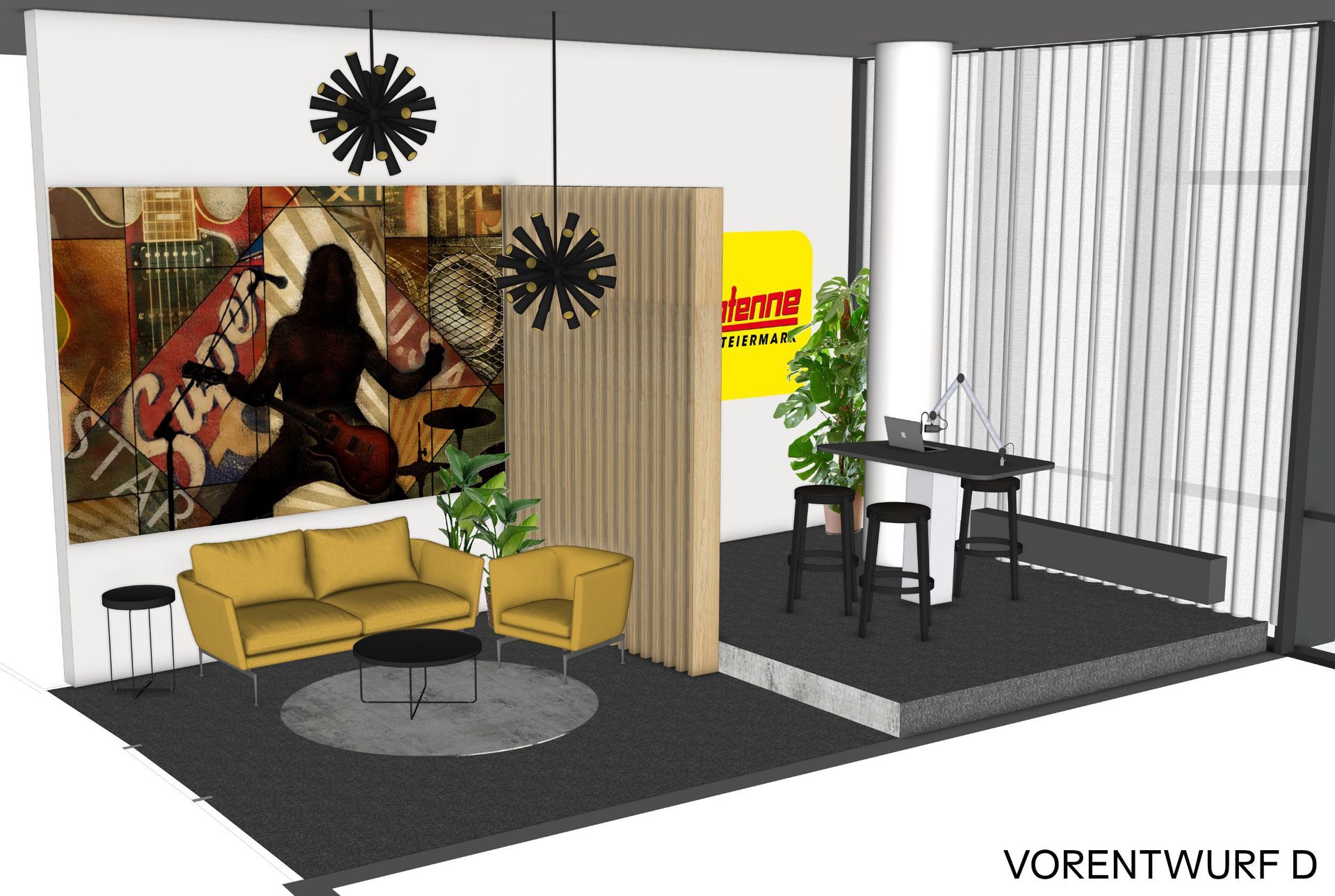 Ein moderner Showroom mit Möbeln, Kunstwerken und Beleuchtung; inklusive kleiner Bühne und Bar.