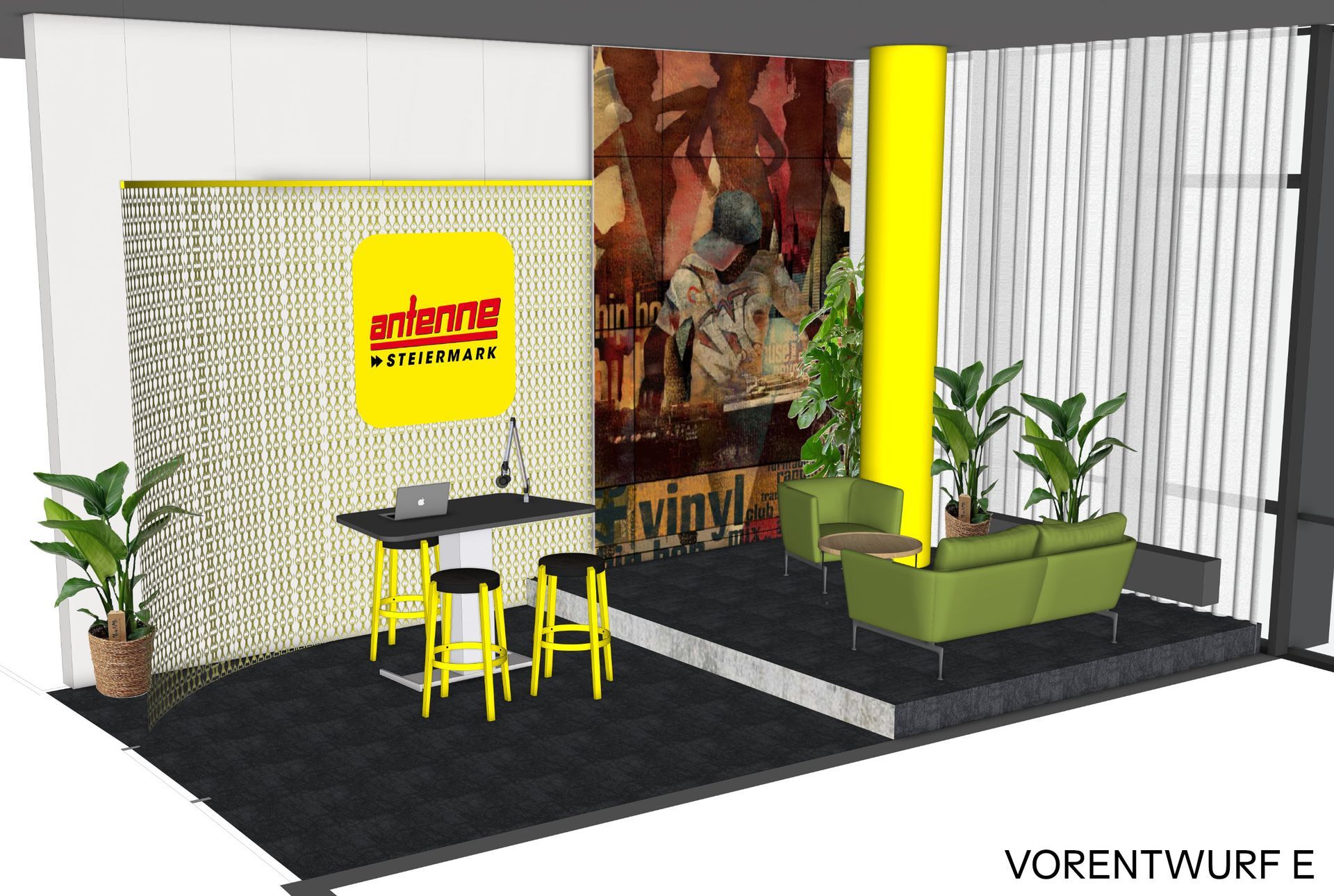 Ein modernes Messestanddesign mit gelben Akzenten, einem Vinylposter und einer Sitzecke.