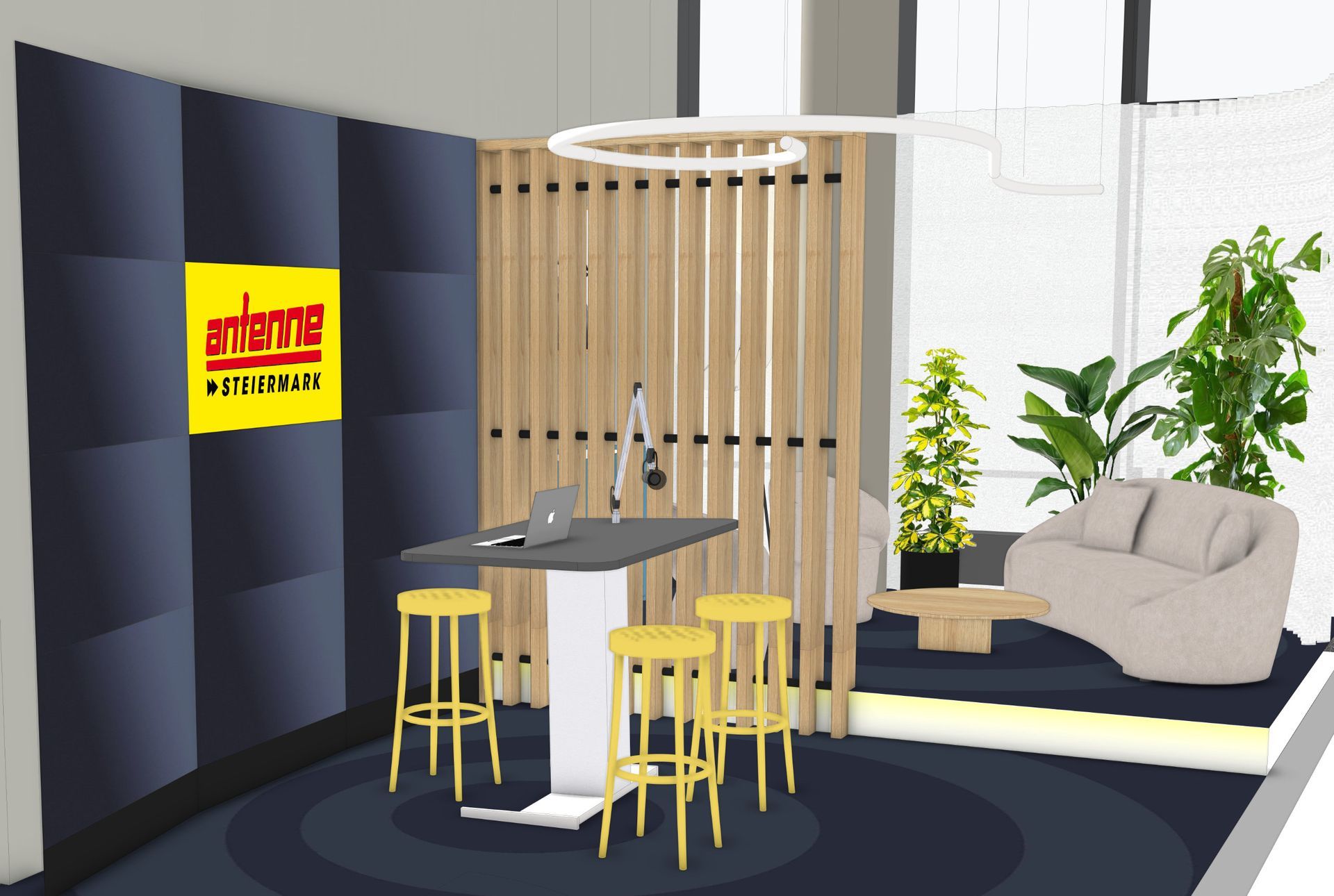 Innenansicht mit Aufnahmeraum und Lounge. Dunkelblaue Wand mit Logo, Holzlatten und Sitzecke.