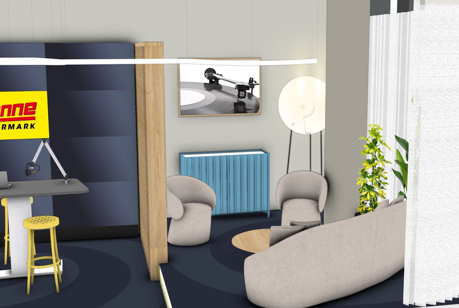 Modernes Büro mit Sitzgelegenheiten, blauer Wand, goldenen Akzenten, Kunst und Mikrofon.