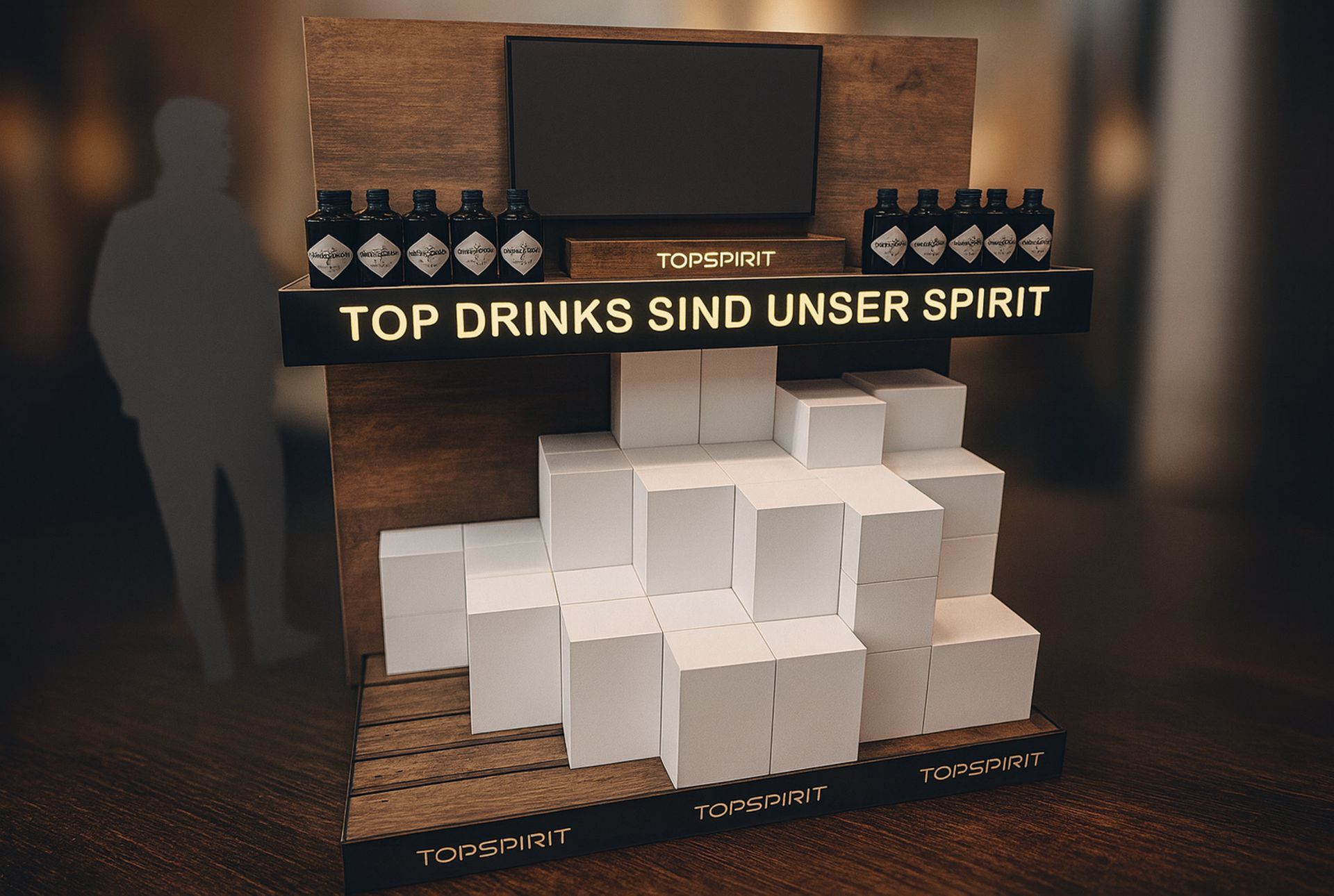 Präsentationsständer mit Gin-Flaschen, Digitalbildschirm und gestapelten weißen Blöcken. Auf dem Schild steht: „Top Drinks Sind Unser Spirit“.
