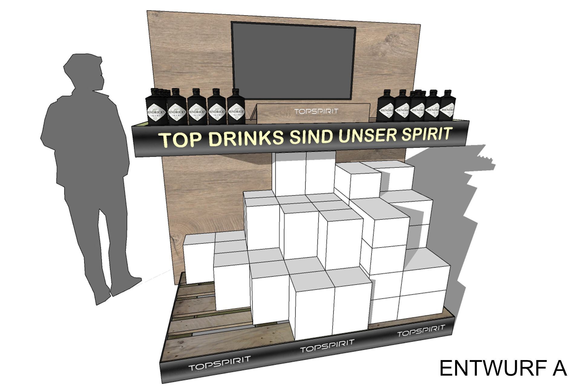 Ein Display mit Flaschen und Kartons voller Produkte, die Silhouette einer Person. Schild: „TOP DRINKS SIND UNSER SPIRIT“.