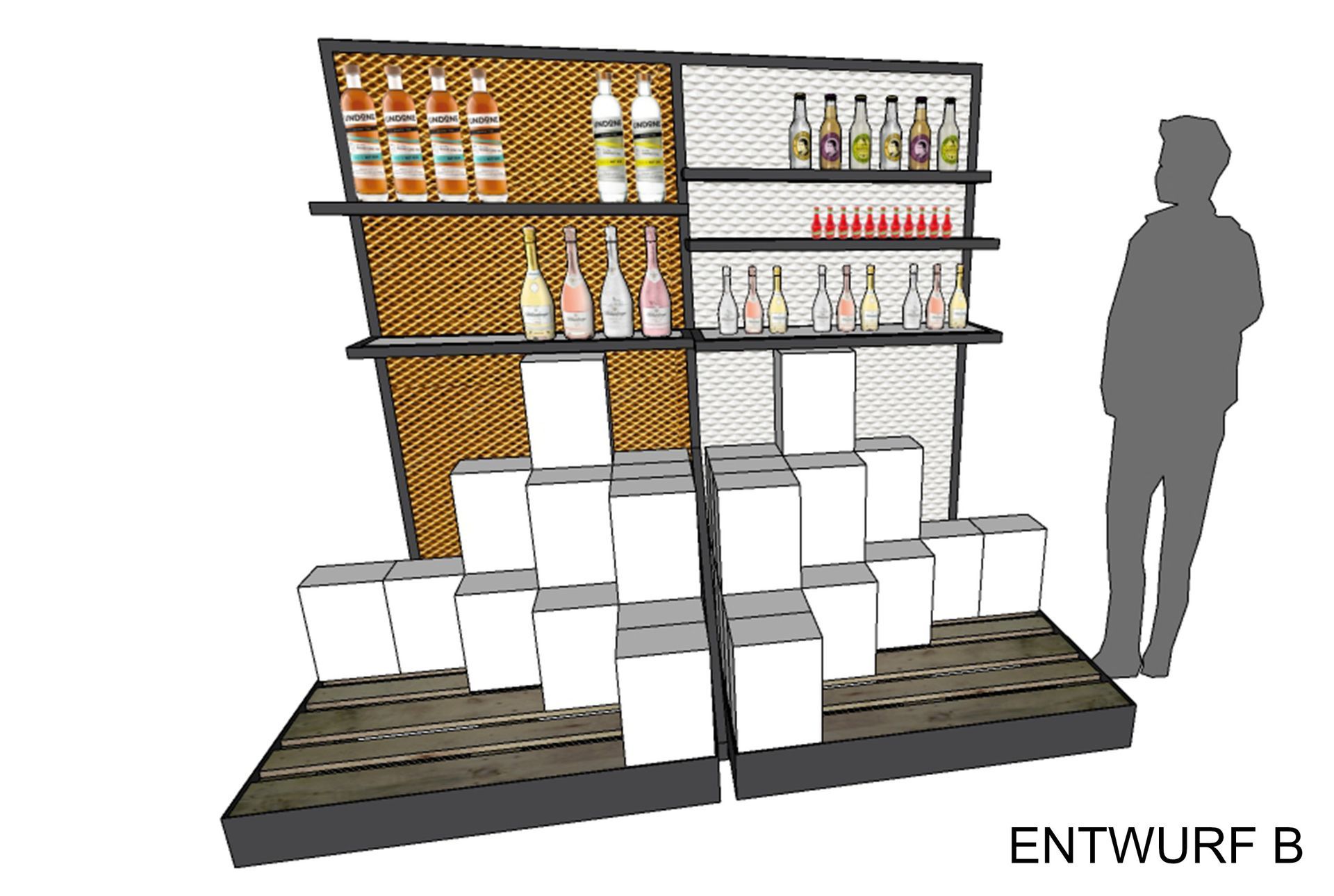 Verkaufsdisplay mit Produkten in Regalen und Kartons, Person steht daneben.