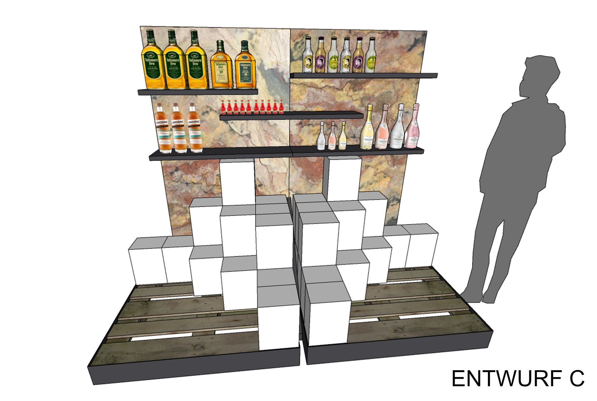 Verkaufsdisplay mit Spirituosenflaschen in Regalen und gestapelten Kisten. Die Silhouette einer Person steht daneben.