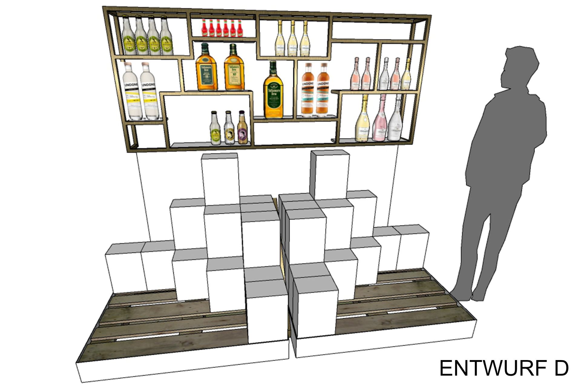 Auf einem Präsentationsständer stehen Flaschen in Regalen und Kisten darunter; eine Person steht daneben.