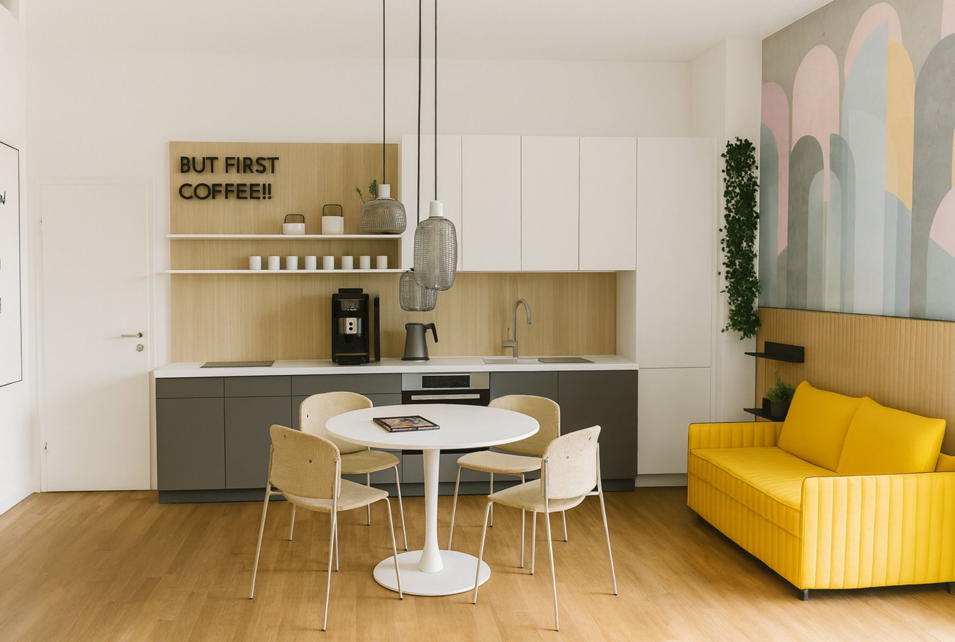 Moderne Büroküche mit gelbem Sofa, rundem Tisch, Kaffeemaschine und dem Schild „Aber zuerst Kaffee“.