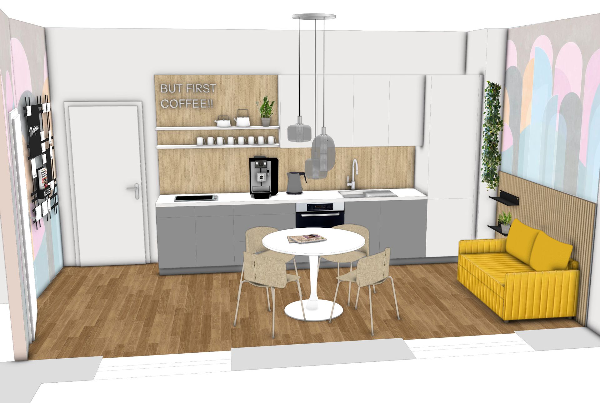 Rendering einer modernen Küche mit rundem Tisch und Stühlen, einem gelben Sofa und einer Regalwand.